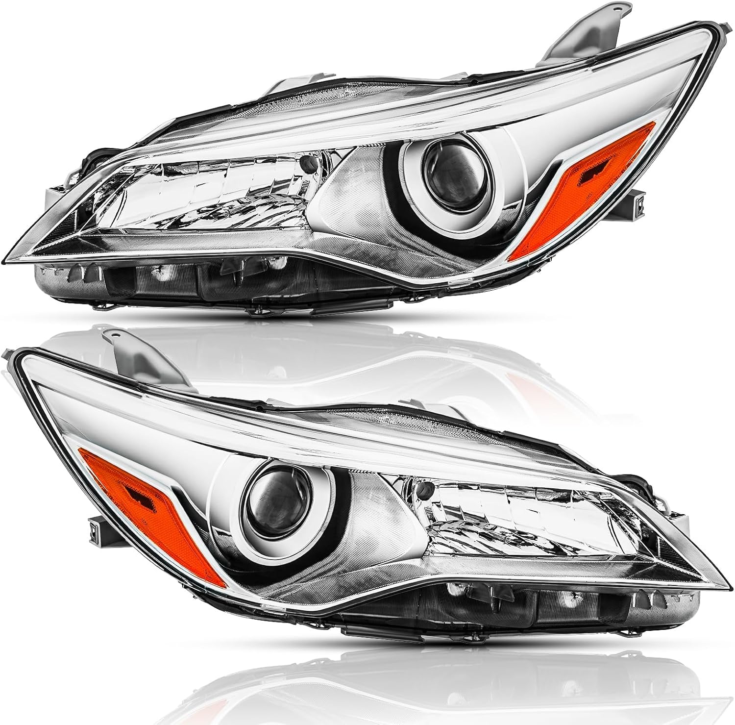 Headlights Assembly Pair for 2015 2016 2017 LE SE XLE Toyota Camry Halogen Headlamps Head Lights Replacement Left Driver and Right Passenger Side,Chrome Housing Amber Reflector