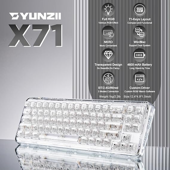 YUNZII X71 68% Wireless RGB Mechanical Keyboard(White,Crystal Ice Switch)