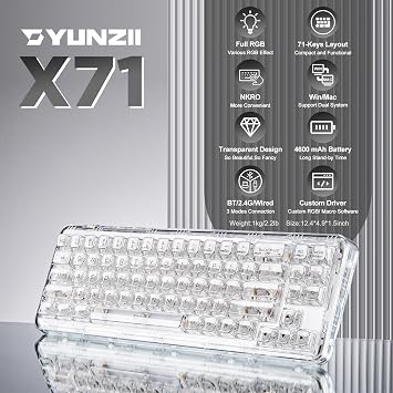 YUNZII X71 68% Wireless RGB Mechanical Keyboard(White,Crystal Ice Switch)