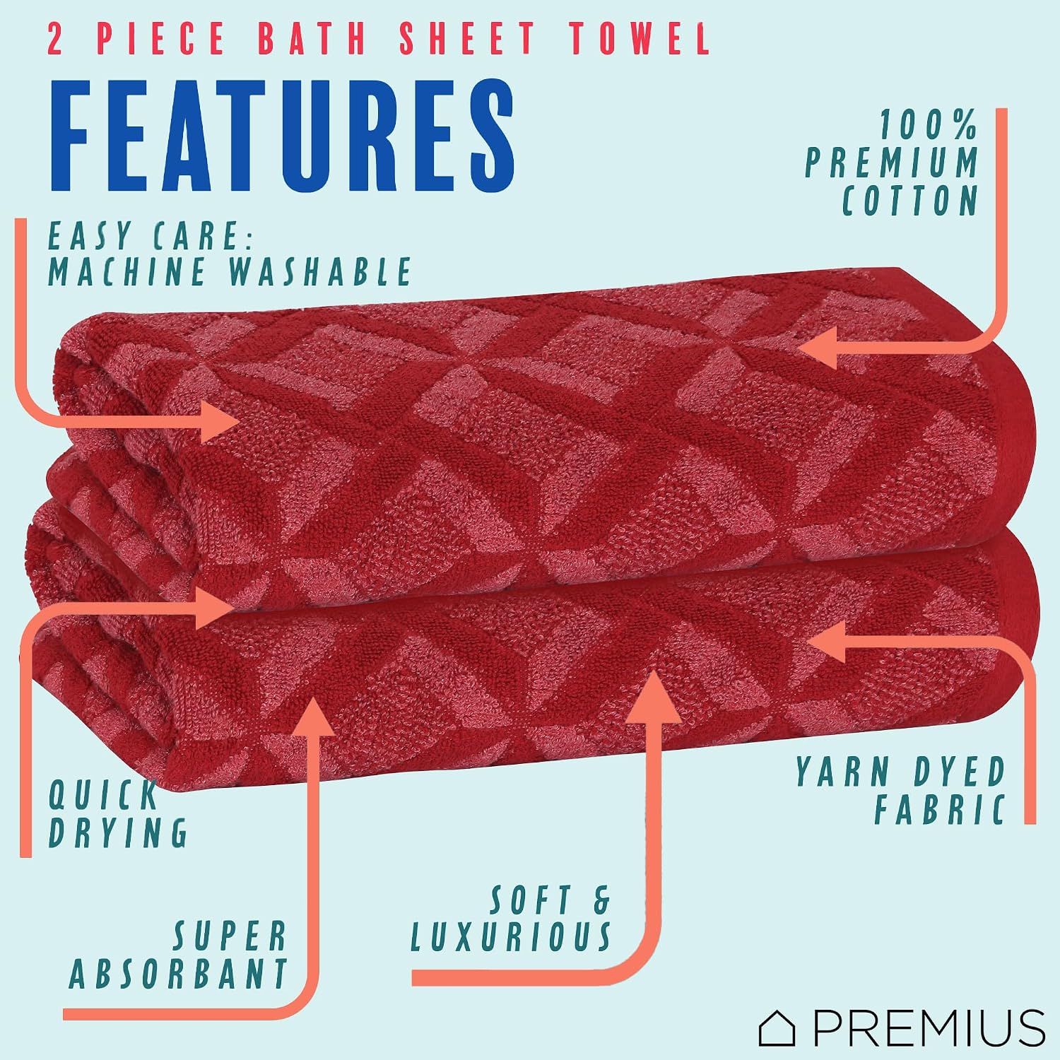 2 Pack Geo Hand Towel, Bath Towel, and Bath Sheet, 100% Cotton Yarn Dyed, Lux Drying Experience, Great for Hands and Body, Perfect for Spa & Home Use (Burgundy, Bath Sheet)