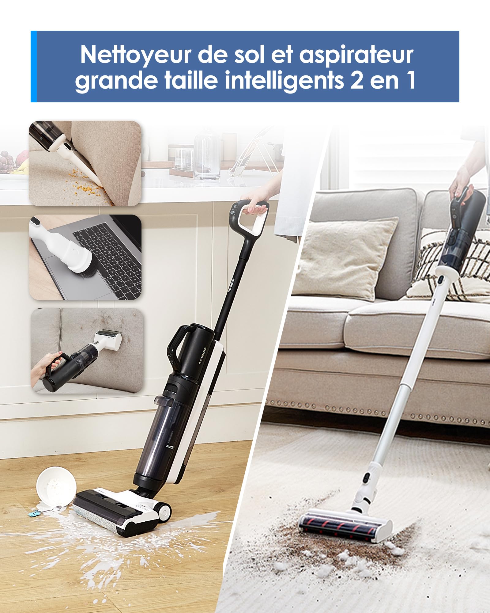 Tineco Floor One S5 Combo Power KIT Aspirateur Eau et Poussière à Main intelligents sans Fil 3 en 1, idéal pour Les saletés collantes et Les Poils d'animaux sur Sol Dur, léger