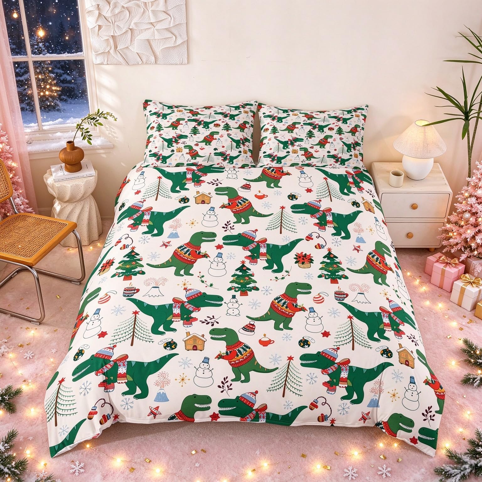 Loussiesd Christmas Comforter Set for Kids Boys Girls Cartoon Dinosaur Christmas Tree Deep Pocket Duvet Set Snowman New Year Bedroom Decor Xmas Theme Bedding Set Double Size 3Pcs