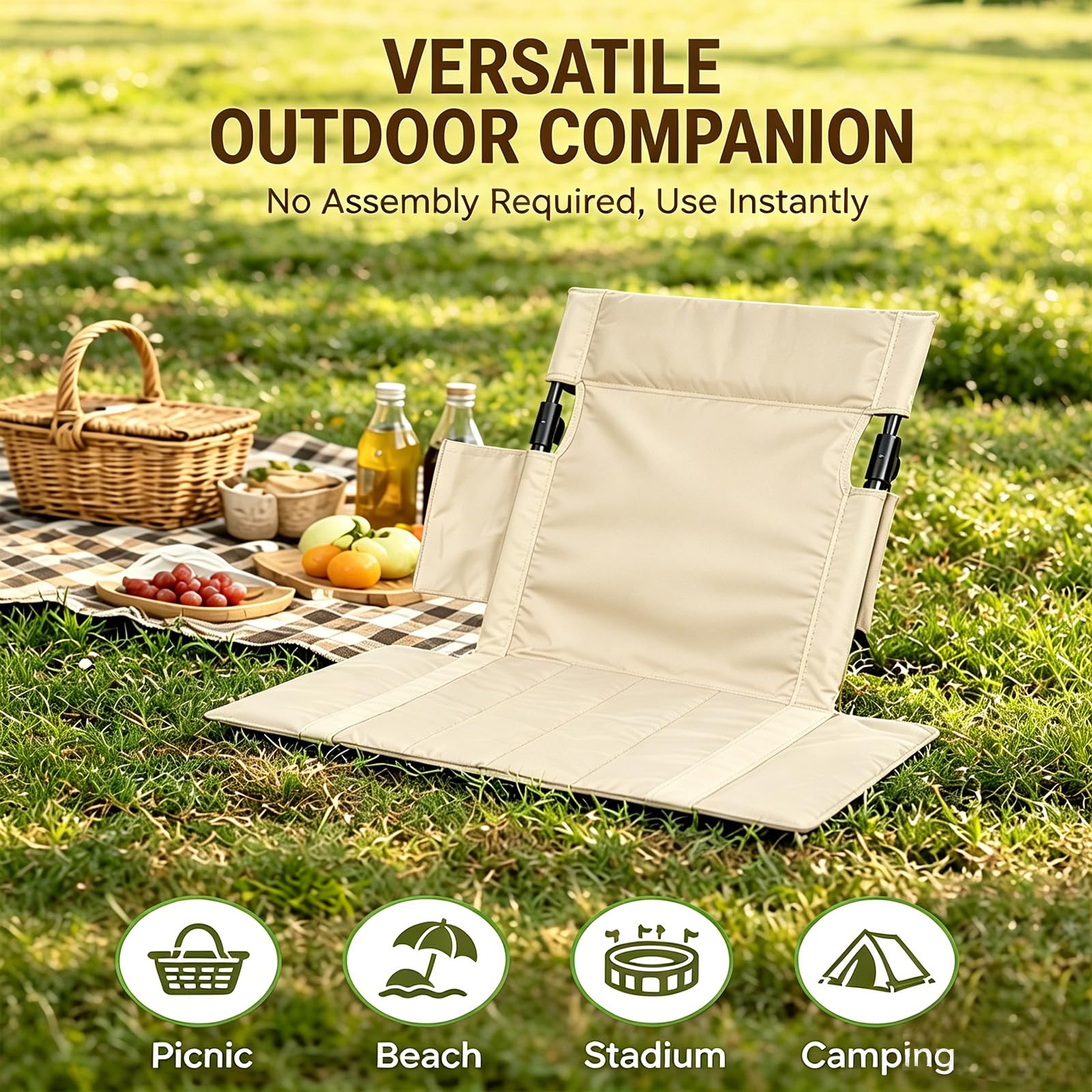 FARYODI Silla plegable de playa con cojín y respaldo, 40 x 39 cm, silla de camping portátil, silla de playa, silla de suelo, cojín tribünenkissen, para picnic, jardín, senderismo (caqui)