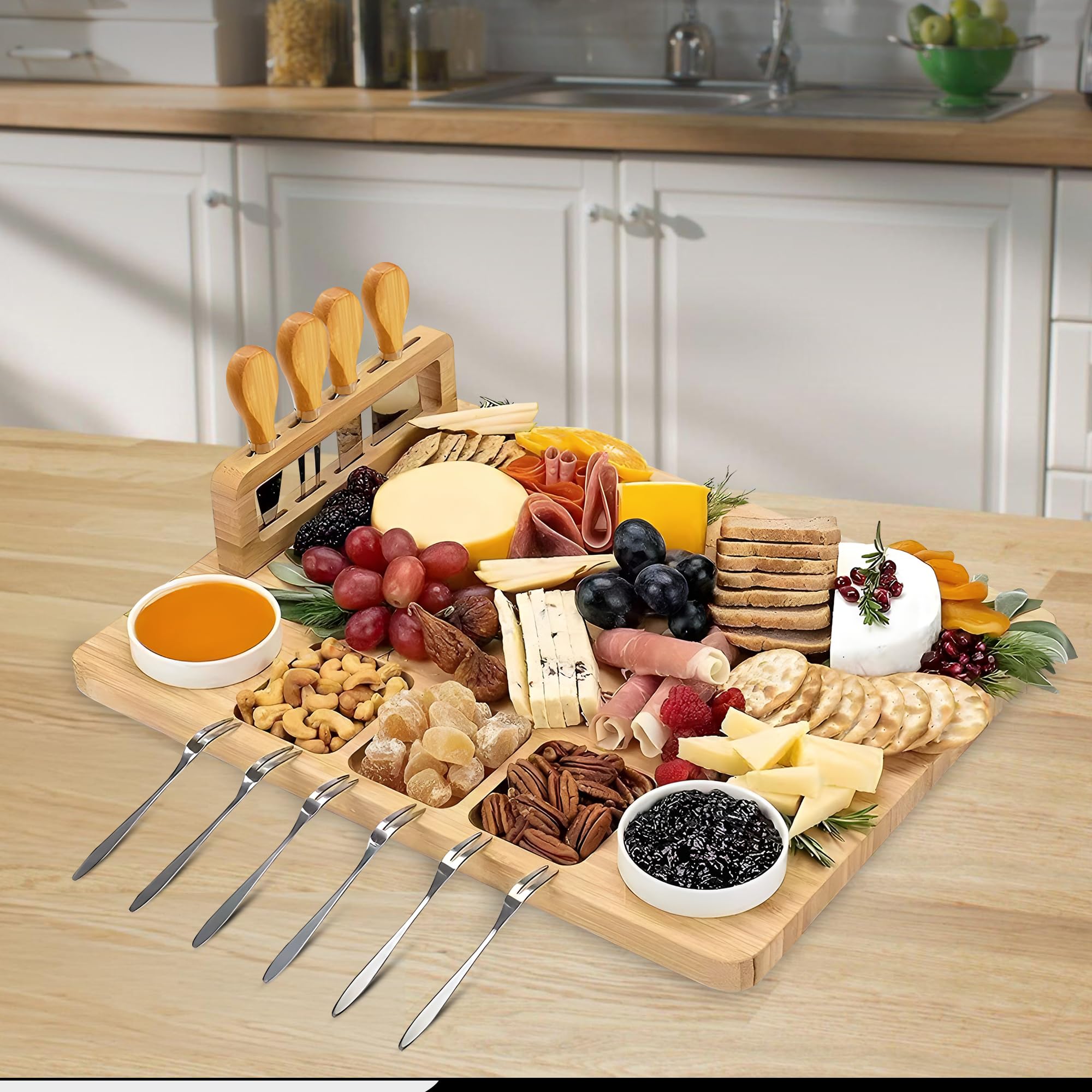 Ensemble De Planches À Fromage en Bambou avec Couteaux Et Fourchettes - Planche À Charcuterie en Bois avec Plateau De Service Supplémentaire | Plateau De Service pour Tapas, Fruits Et Viande
