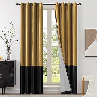 BULBUL Modern 100% Full Blackout Velvet Curtains,Gold Black 84 inches Long Liner Curtains Thermal Drapes Panels for Living Room Bedroom Grommet Set of 2 - Buy now