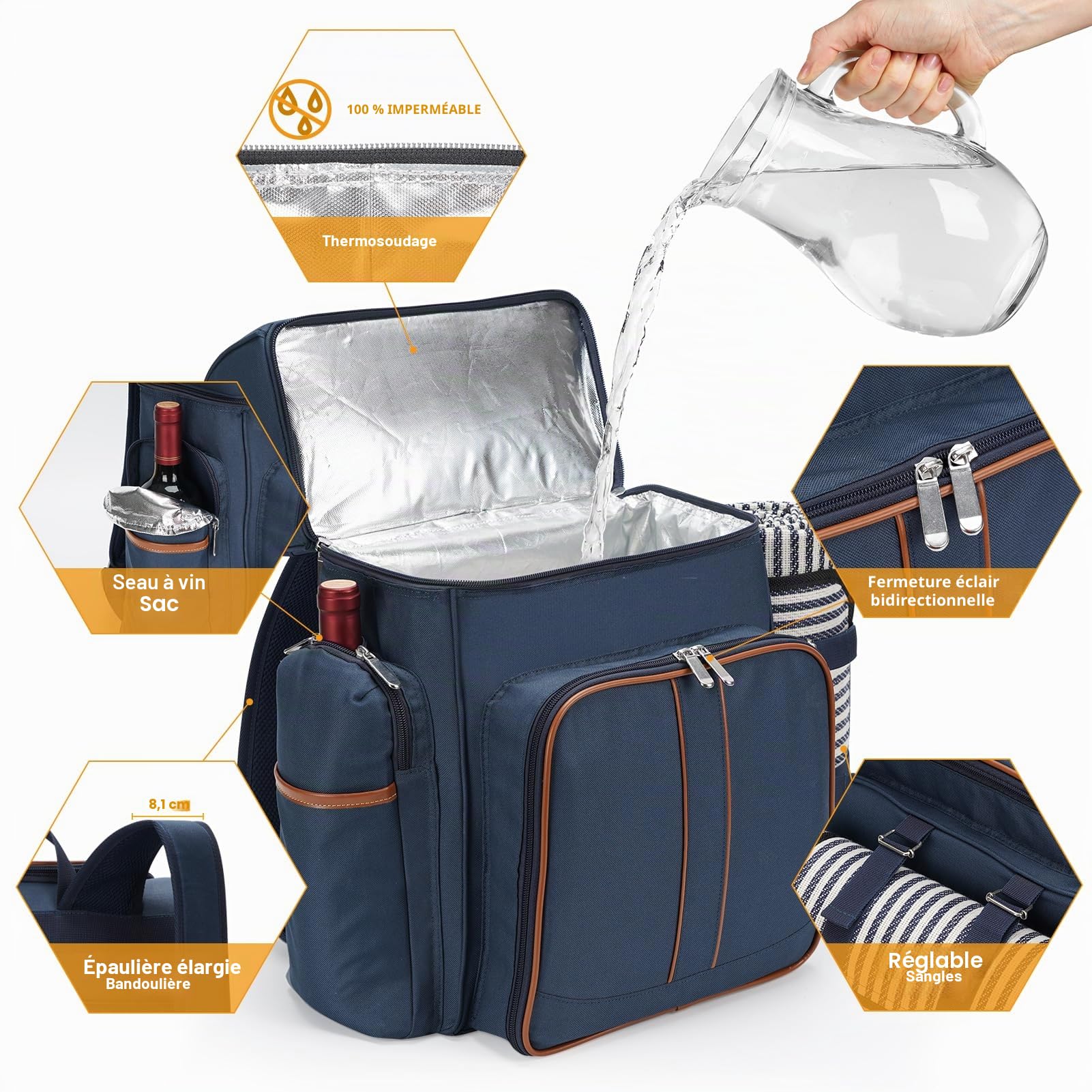 Sac à dos de pique-nique pour 4 personnes - Panier de pique-nique étanche - Sac à dos isotherme avec pochette isotherme pour vin - Couverture de pique-nique à double étage - Pour la plage, le camping