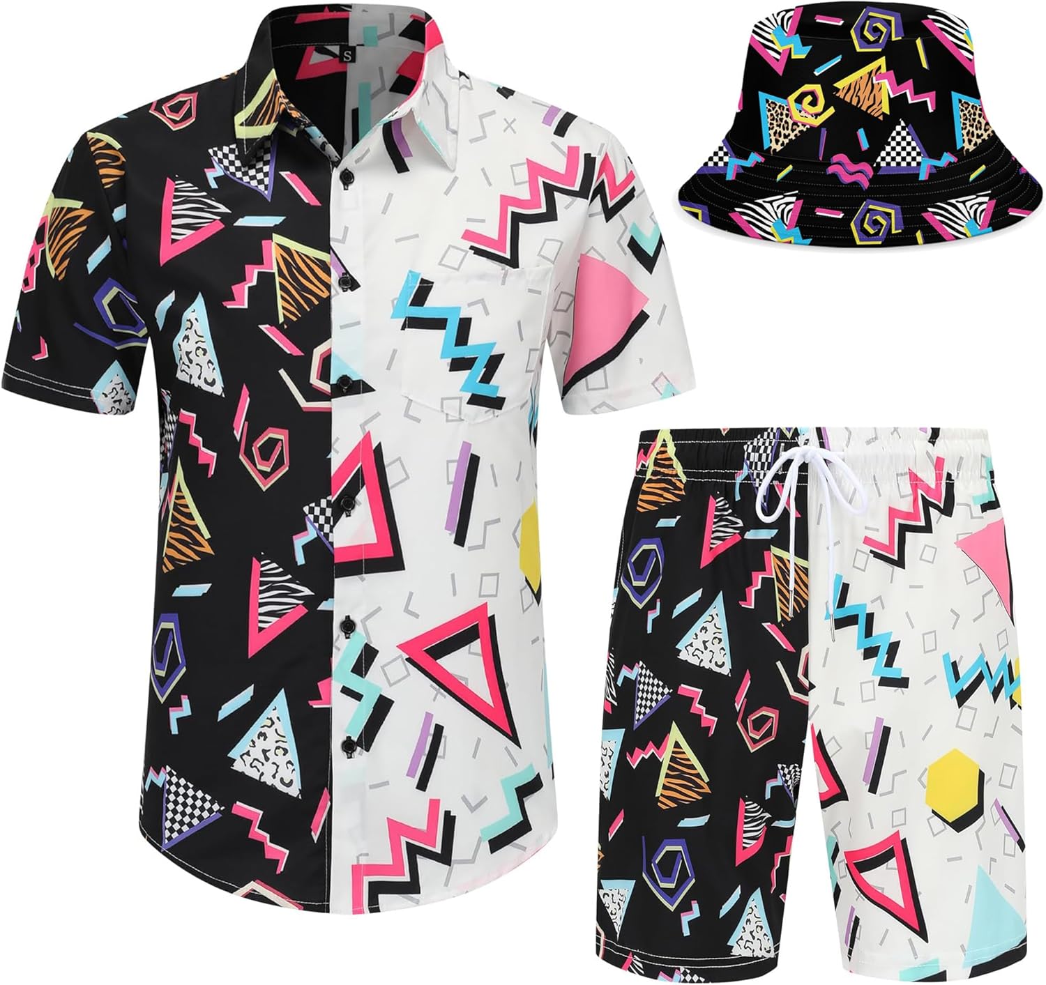 Mens Hawaiian Shirts and Shorts Set Funny Hawaiian Shirts for Men Beach Outfits Sets with Bucket Hats