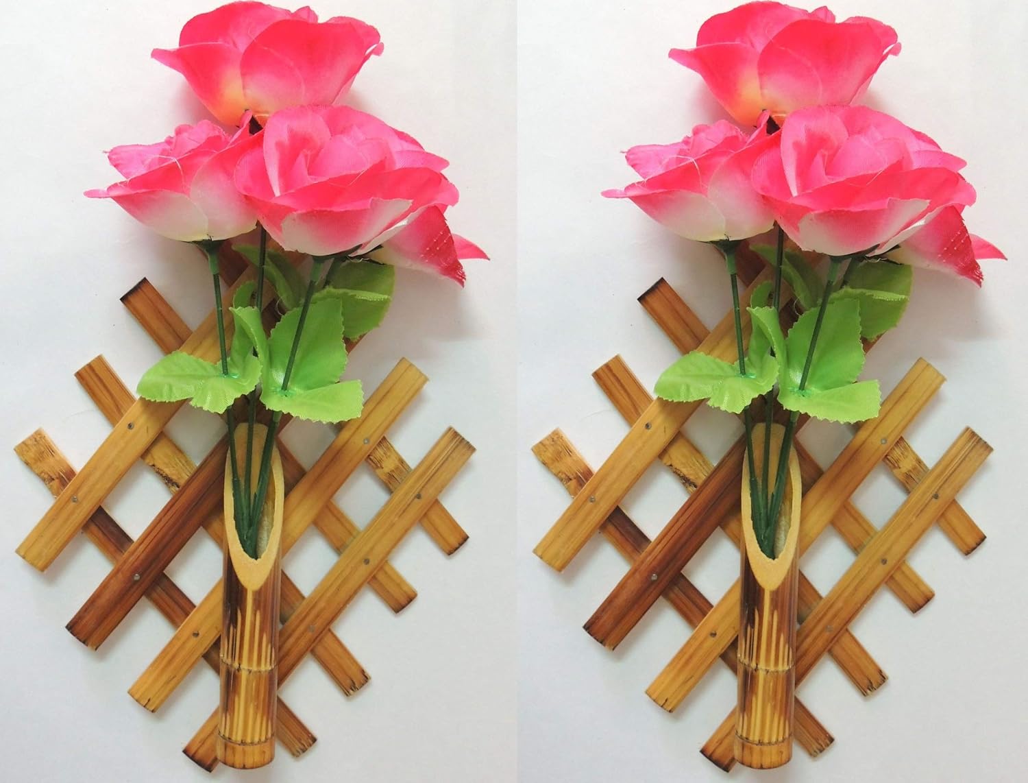 Buy Pair(2) of Wall Hanging Bamboo Basket Flower vase with Pink Flower