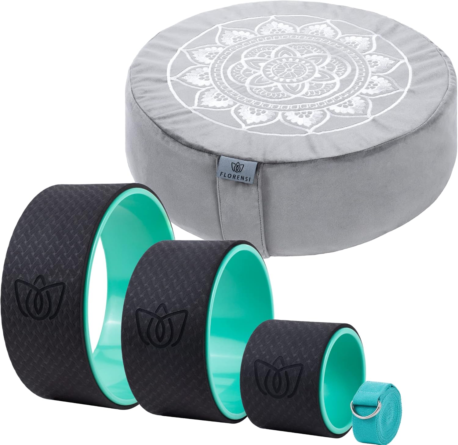 Florensi Yoga & Meditation Bundle | Grey Meditation Cushion & Yoga Wheel 3 Pack