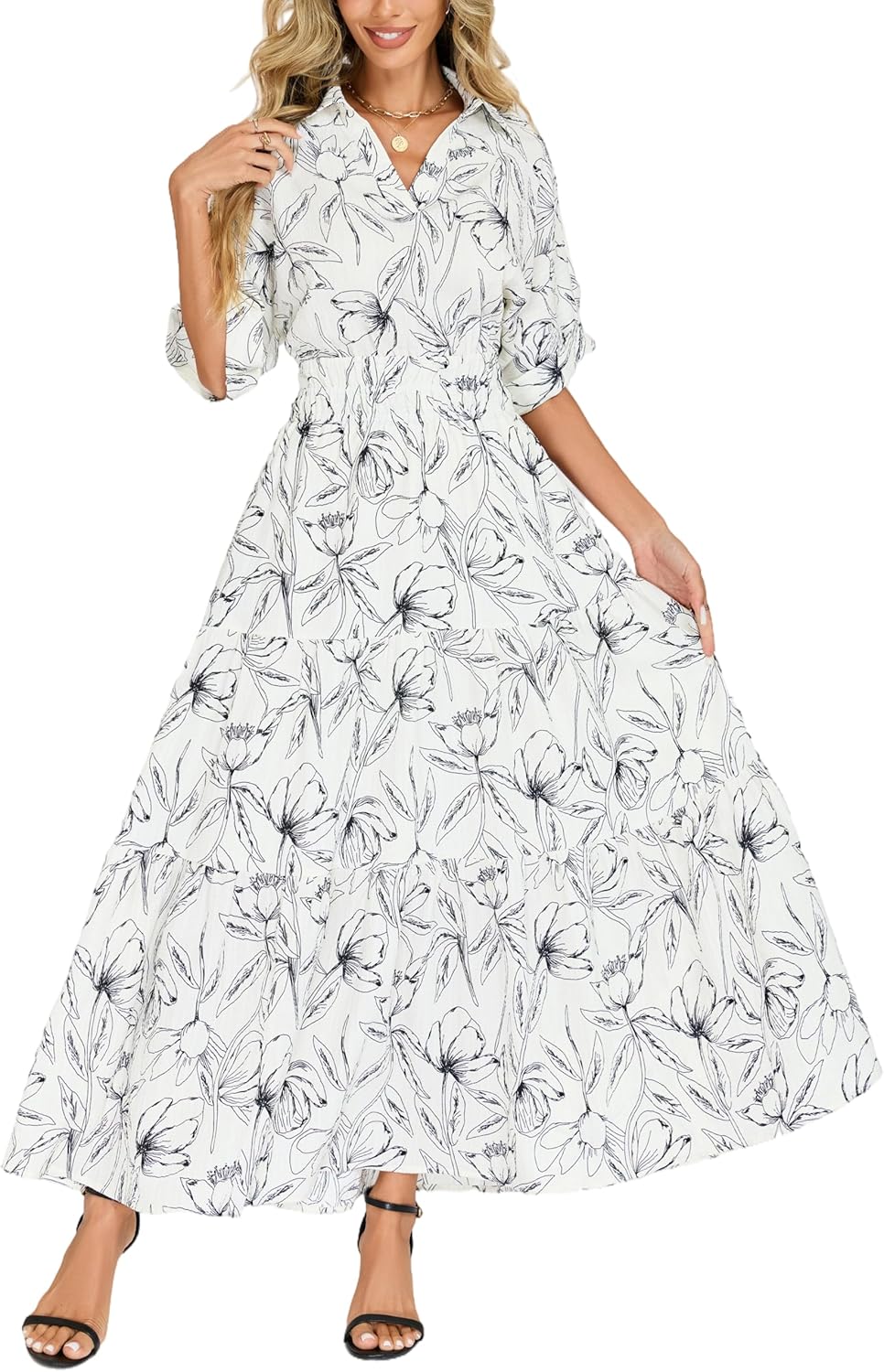 Ladyful Womens Floral Boho Maxi Dress Short Sleeve V Neck Empire Waist Swing Flowy Long Beach Vacation Dress with Pocket