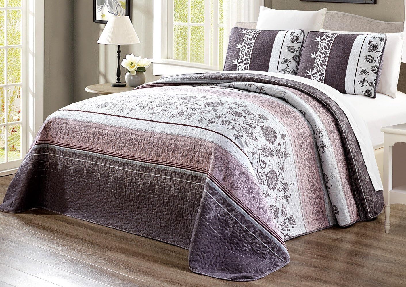 3-Piece Oversize (100 X 95) Fine Printed Prewashed Quilt Set Reversible Bedspread Coverlet Full/Queen Size All-Season Bed Cover (Purple. Grey, Brown, White, Floral)
