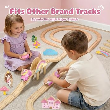 Hot Bee Wooden Train Set for Girls, 38Pcs Pink Unicorn Wood Train Track Set