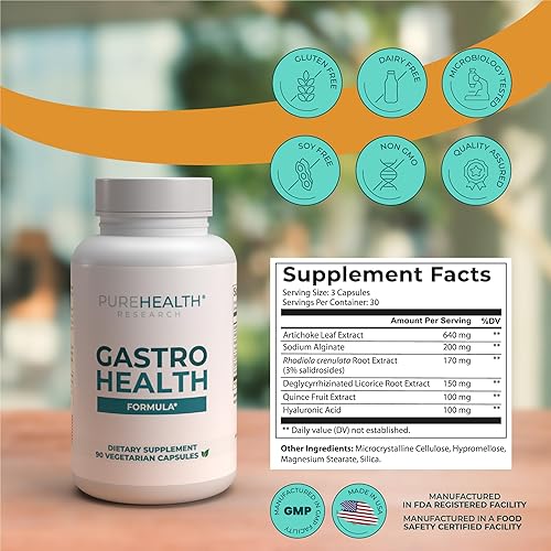 Miniatura 2 de PUREHEALTH RESEARCH Gastro Health Formula - Alginato natural para el reflujo ácido - Suplemento DGL para acidez estomacal e indigestión - Con