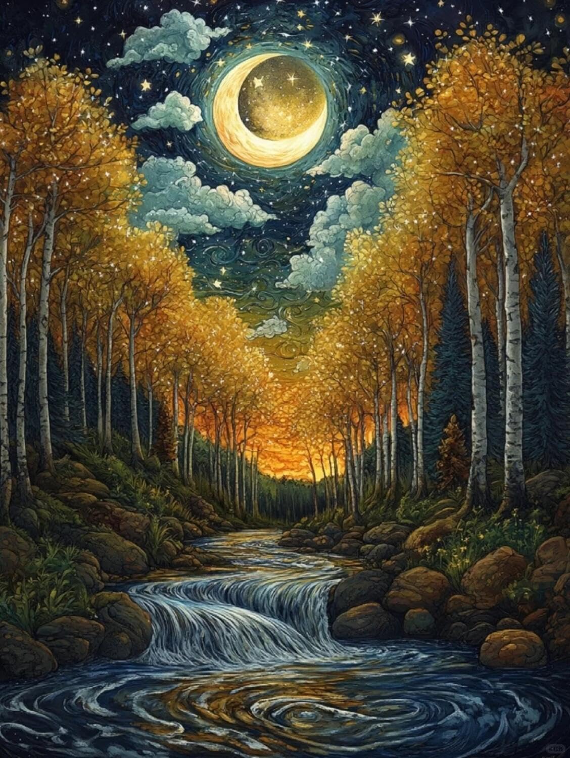 Rqwybcaxn Stamped Beaded Cross Stitch Kits Forest and Starry Sky 40x50cm