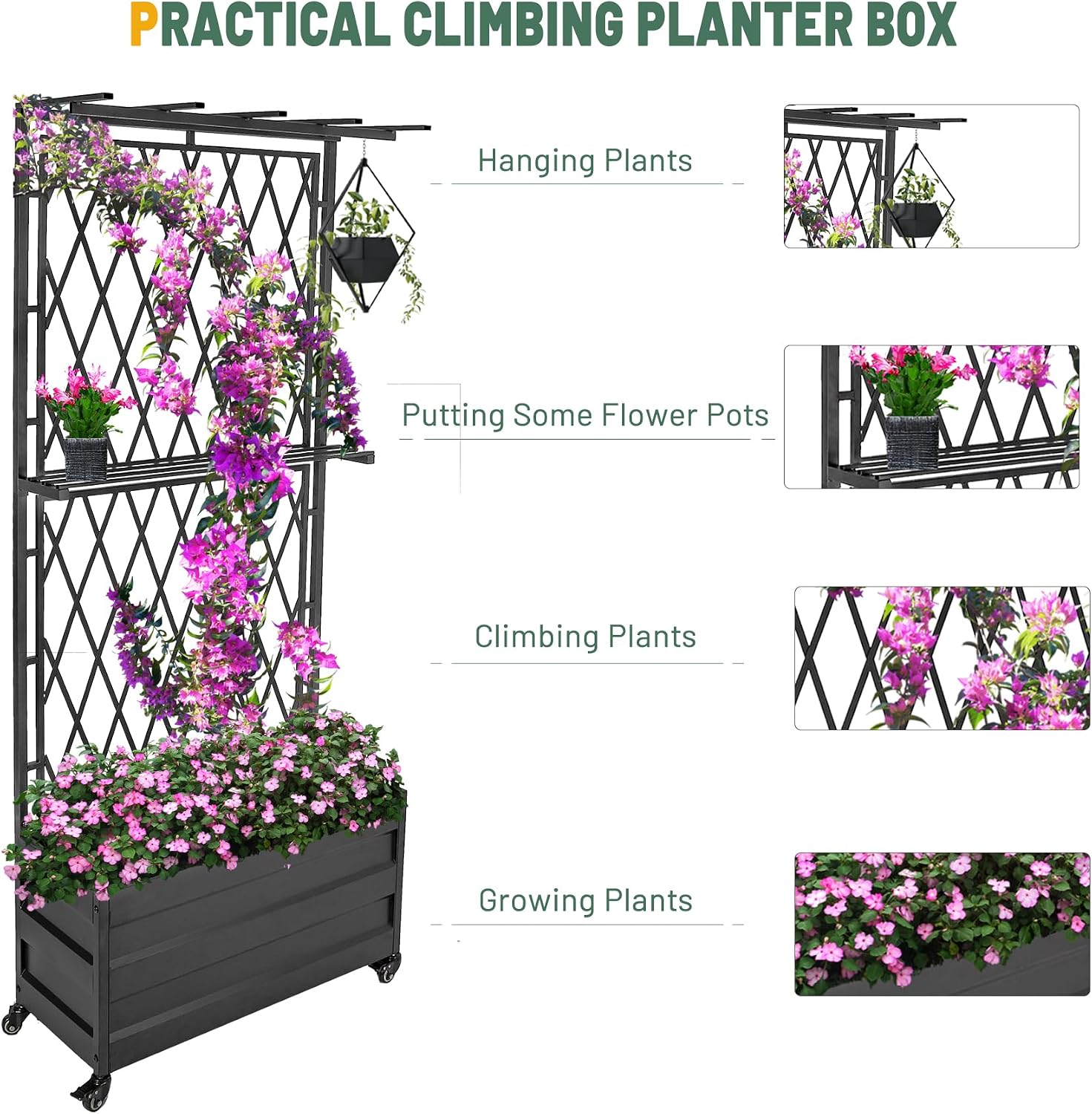 Metal Planter Box with Lattice Trellis and Wheels, 70 inches Tall Heavy Duty Planter Box & Raised Garden Bed with Trellis for Climbing Plants Flowers with Drainage Holes, 30Lx12Wx70H, 2Pack