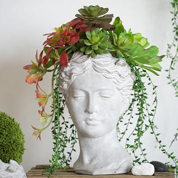 Female Statue Head Cement Planter, Greek/Roman Style Creative Portrait Cement Flower Pot, Unique Planter Pot for Indoor Outdoor Home Garden Decor 7" D x 11" H