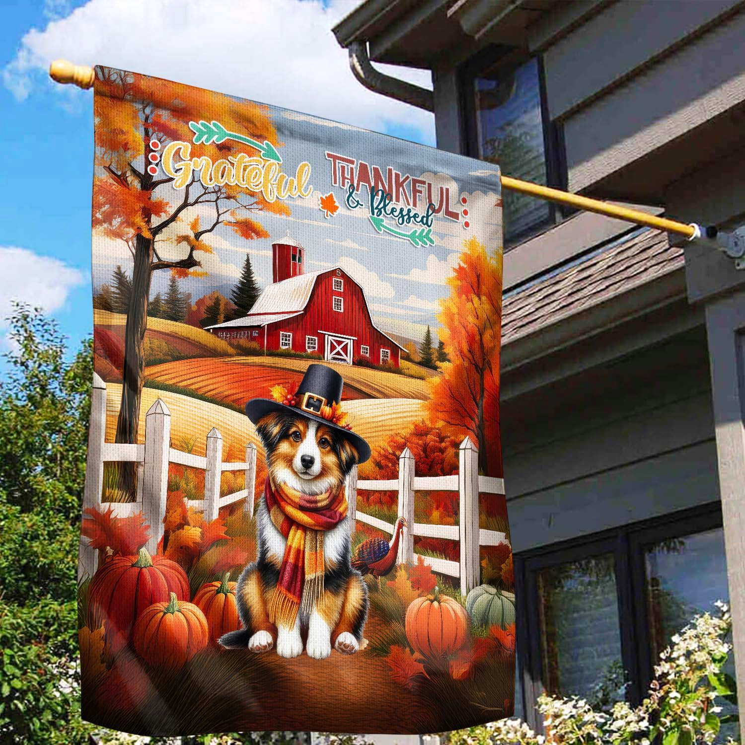 Happy Thanksgiving Miniature American Shepherd Pilgrim Grateful, Thankful, Blessed Fall Welcome House Flag 28x40in Double Sided MAS Dog Lover Gifts Outdoor Decor - 021