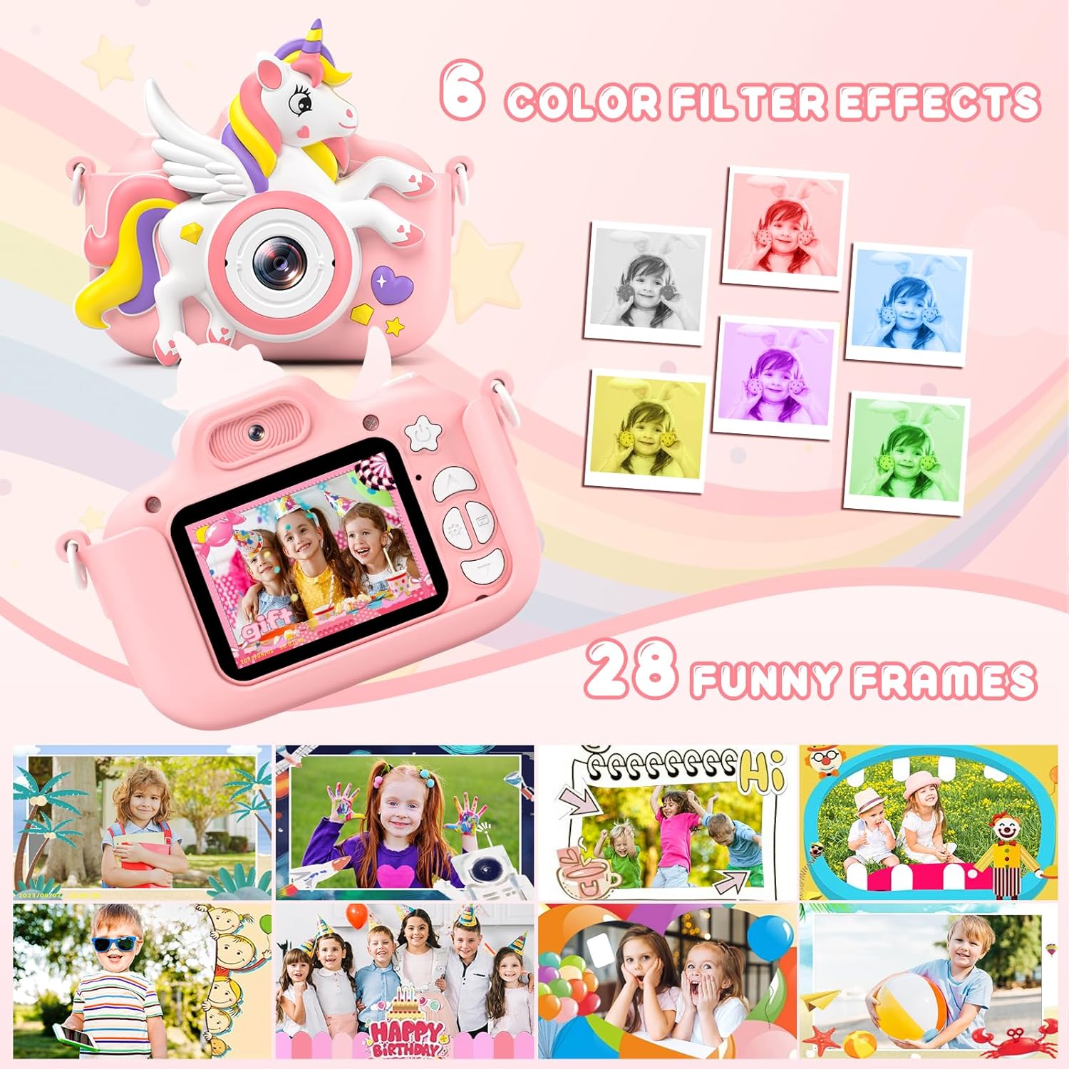 Kids Camera Toys Digital Camera for Girls Boys, Christmas Birthday Gifts for Kids Age 3-12, Selfie 1080P HD Video Digital Camera for 3 4 5 6 7 8 9 10 Year Old Girls with 32GB TF Card Pink-Unican image 3 of 13 B0D7W21C2C
