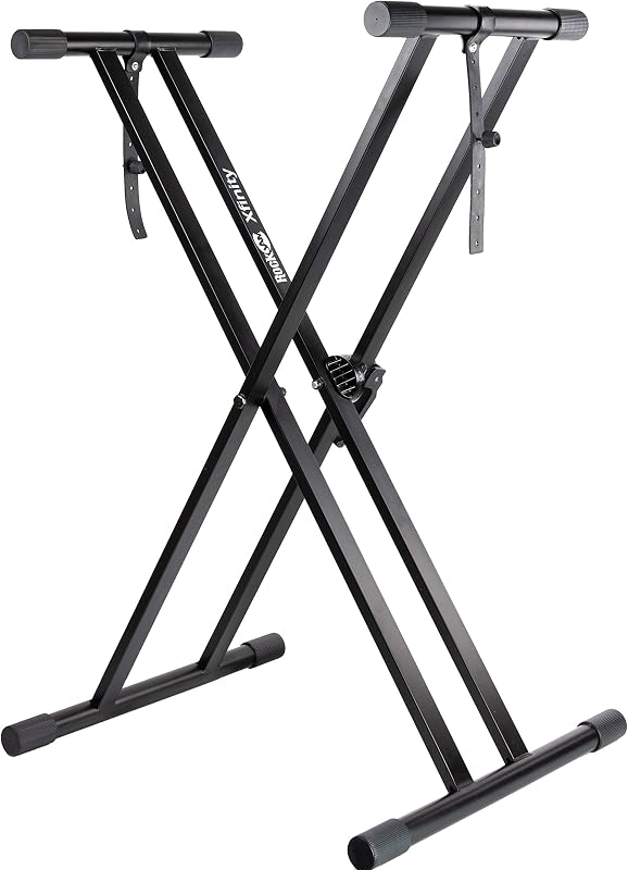 RockJam Xfinity Double X Keyboard Stand, Pre-Assembled & Adjustable | Pre-assembled double X keyboard stand with safety lock and straps for full size digital pianos, lessons and stage