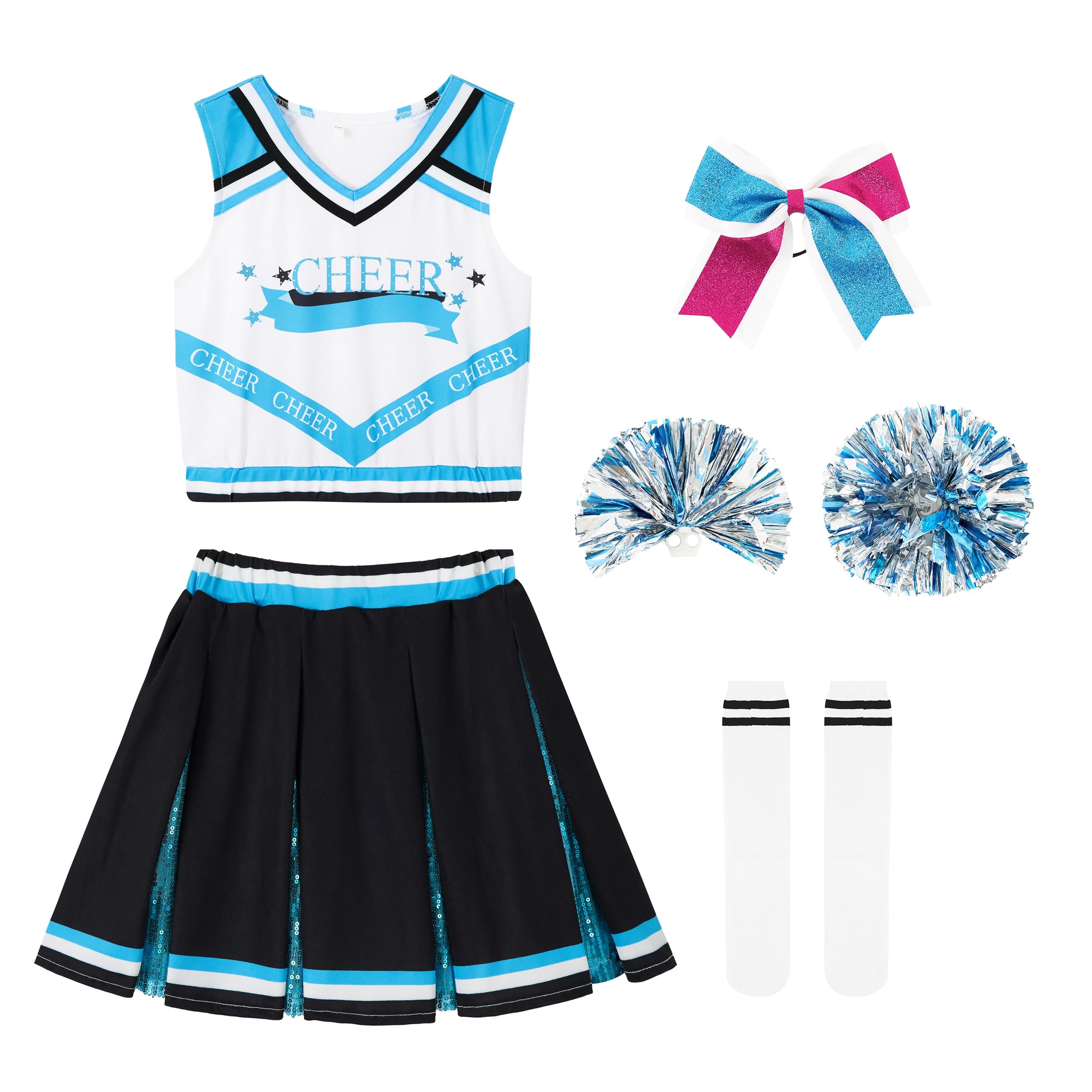 LOLANTA Costume da cheerleader per ragazze, uniforme da cheerleader per bambini con glitter per Halloween | 5 abiti da cheerleader glitterati con calzini e pompon, per Halloween, cosplay, feste in maschera, Natale, 4-15 anni