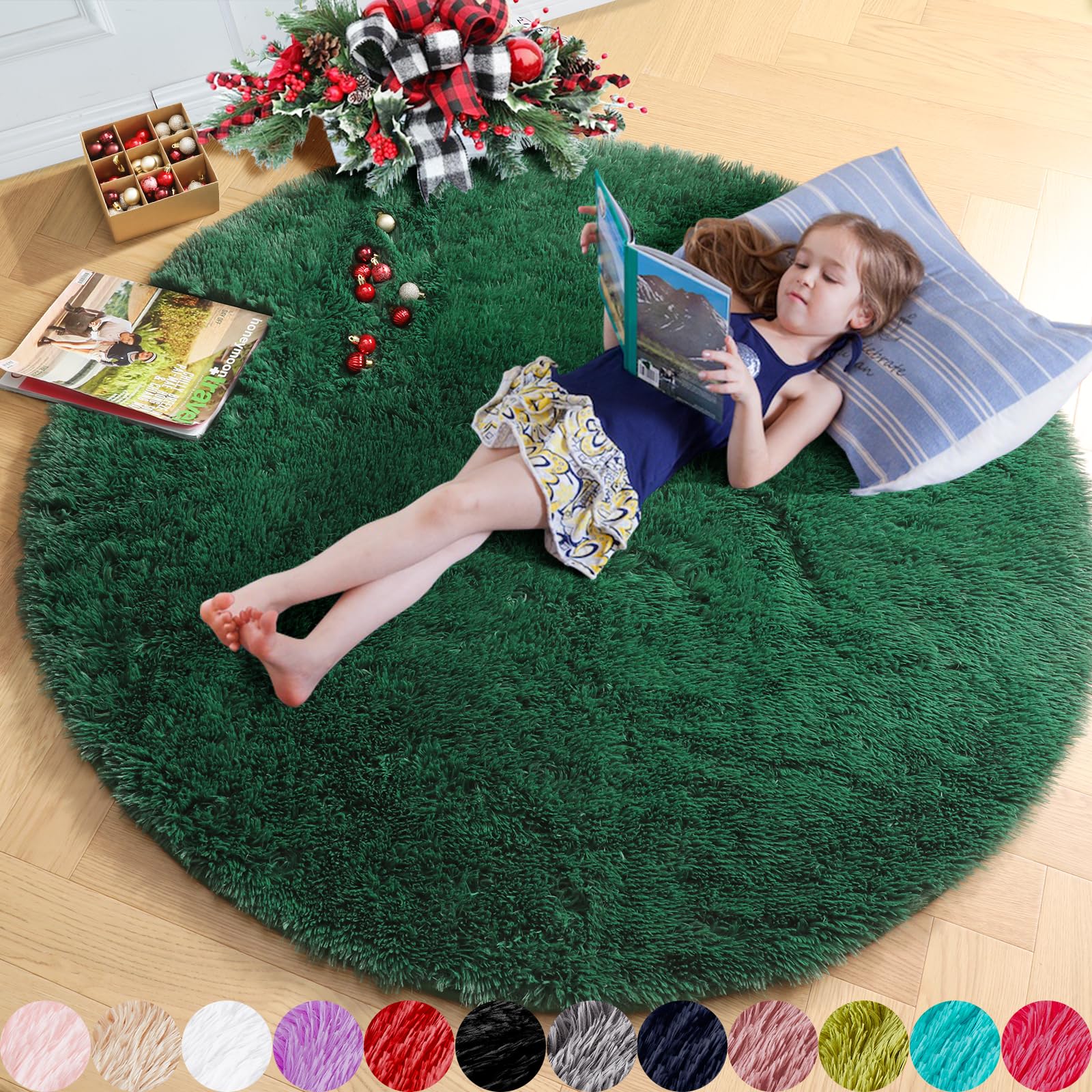 Amdrebio Dark Green Round Rug 4Ft for Bedroom, Fluffy Fuzzy Circle Area Rugs for Living Room Decor, Shaggy Emerald Green Rugs for Kids, Teen Boys,