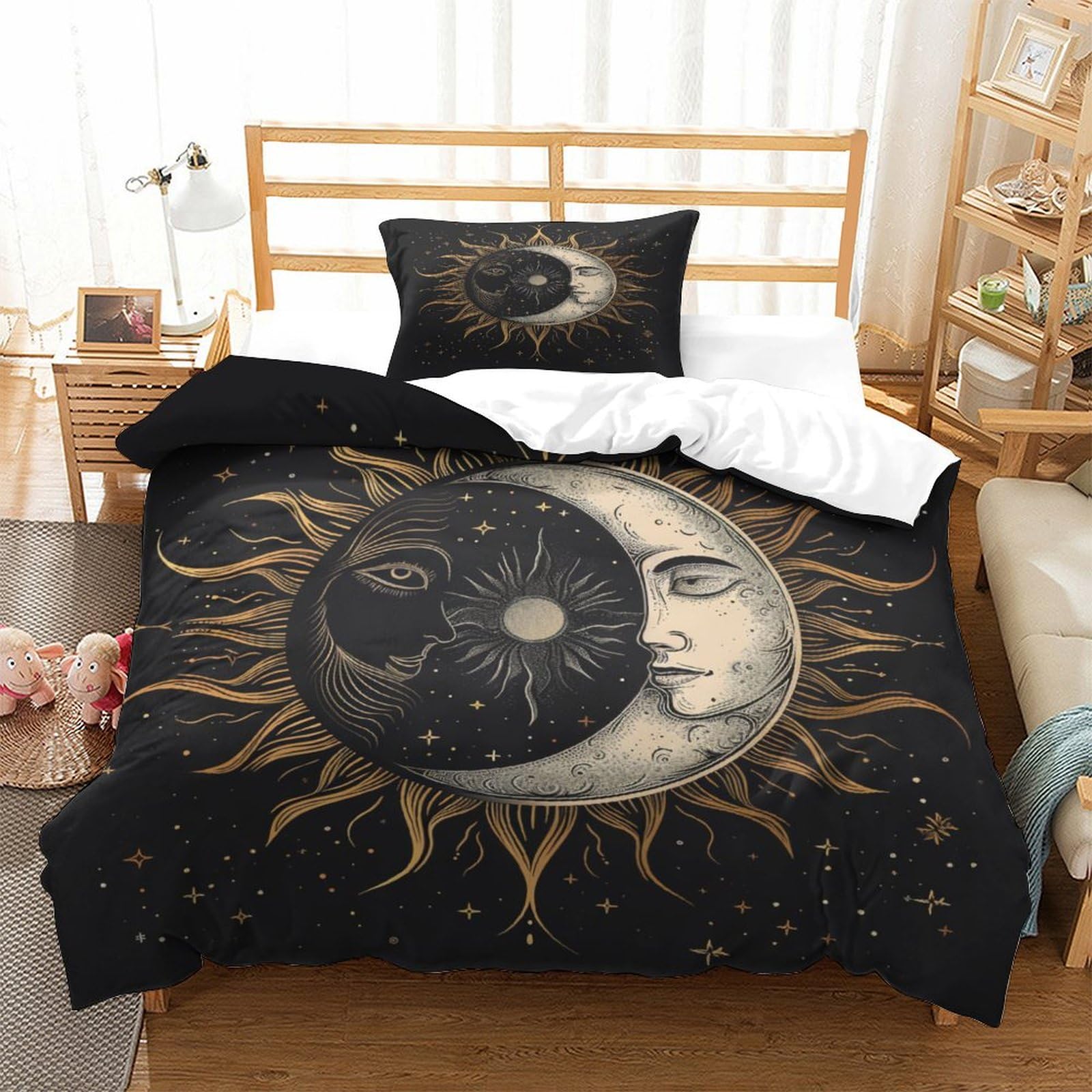 P1S9U7W5Y Mystic Style 3D Printed Sun Moon Duvet Cover Set 3 Pieces Microfiber Bedroom Decor Celestial Bedding Set for Adults Soft Breathable Home Single（135x200cm）