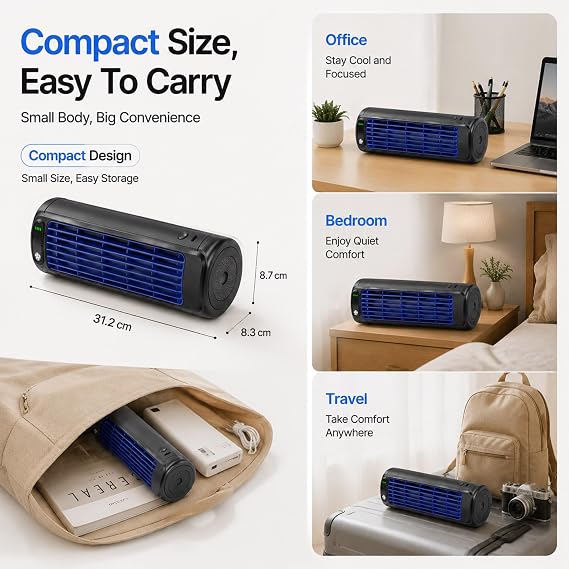 Cooling Portable Air Conditioner, Mini Aire Acondicionado Portatil, Desktop Portable Tower Fan Air Conditioner, USB charging, 3 Wind Speeds for Bedroom, Office, Living Room, Travel