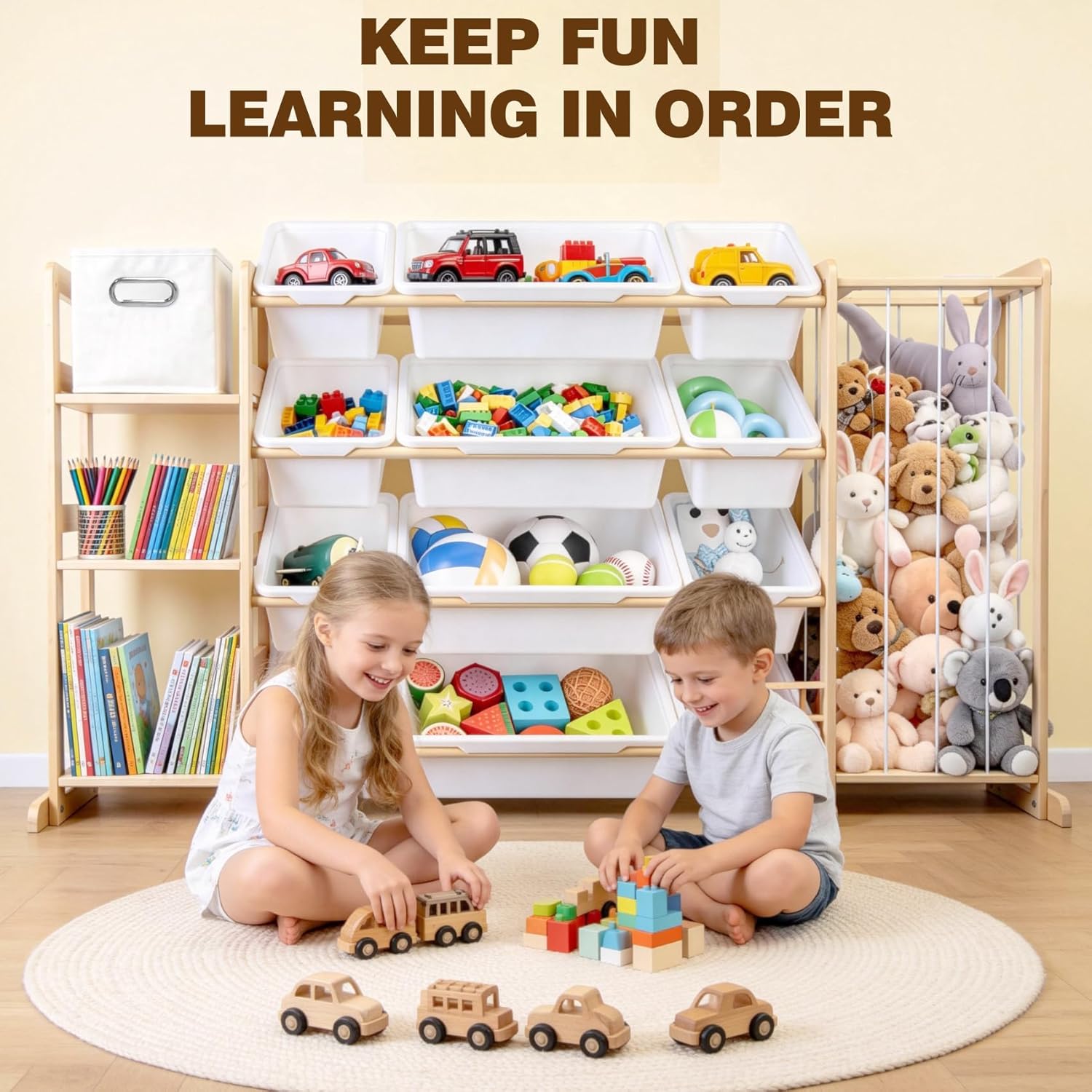 Kids Toy Storage Organizer with Bookshelf & Stuffed Animal Storage,12 Toy Bins +1 Free Storage Box,Playroom Nursery Organization Plush Toy Storage