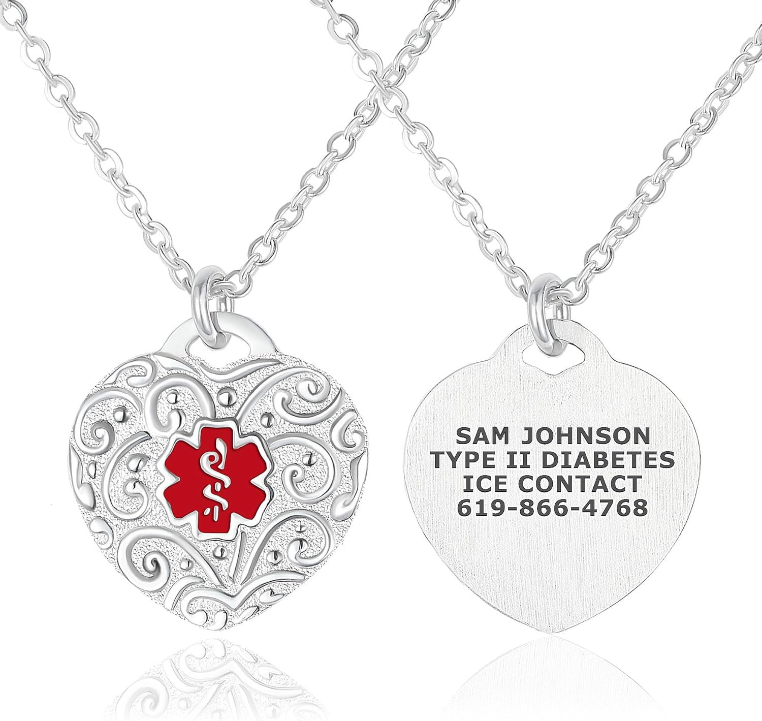 Divoti Custom Engraved Filigree Heart Medical Alert ID Necklace – Lobster Claw Clasp with Cable Chain - Durable & Stainless Steel - Personalized Emergency Gift for Wife, Mom, & Daughter