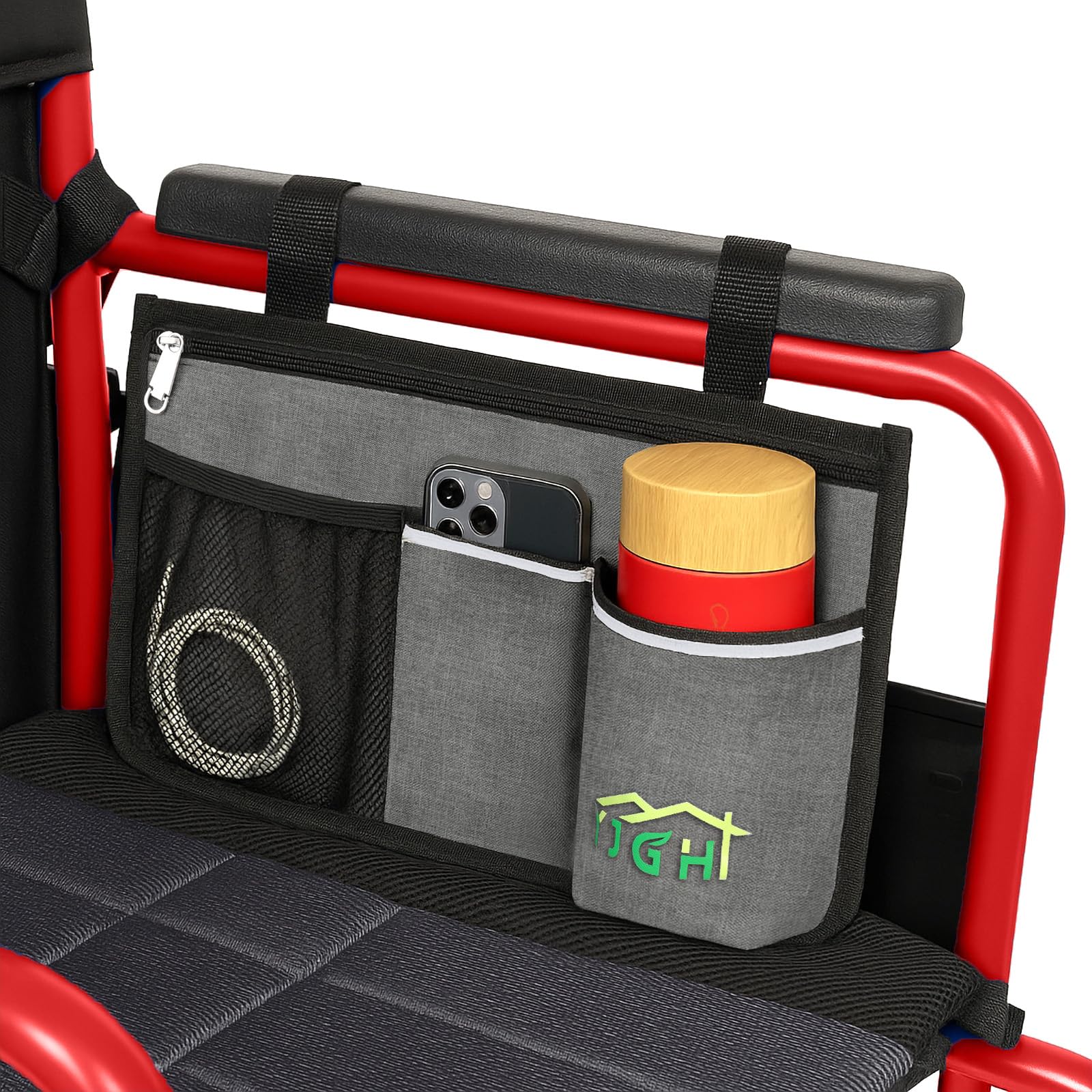 YJGH Wheelchair Side Bag with Cup Holder - Waterproof Armrest Storage Pouch with Reflective Strip for Wheelchairs, Walkers, Rollators & Electric