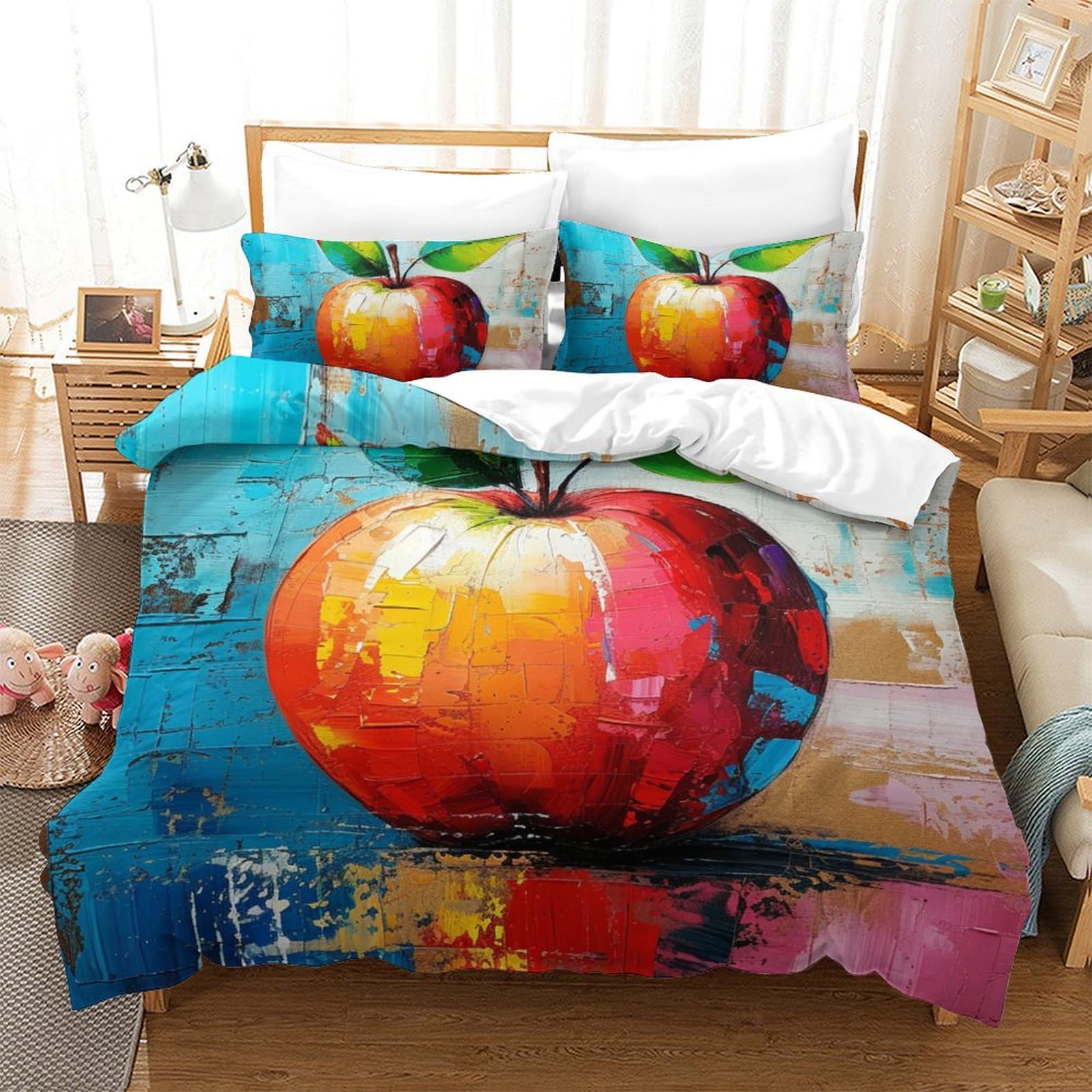 Housse de couette Apple 3D microfibre 200x200cm avec 2 taies d'oreiller pour lit double