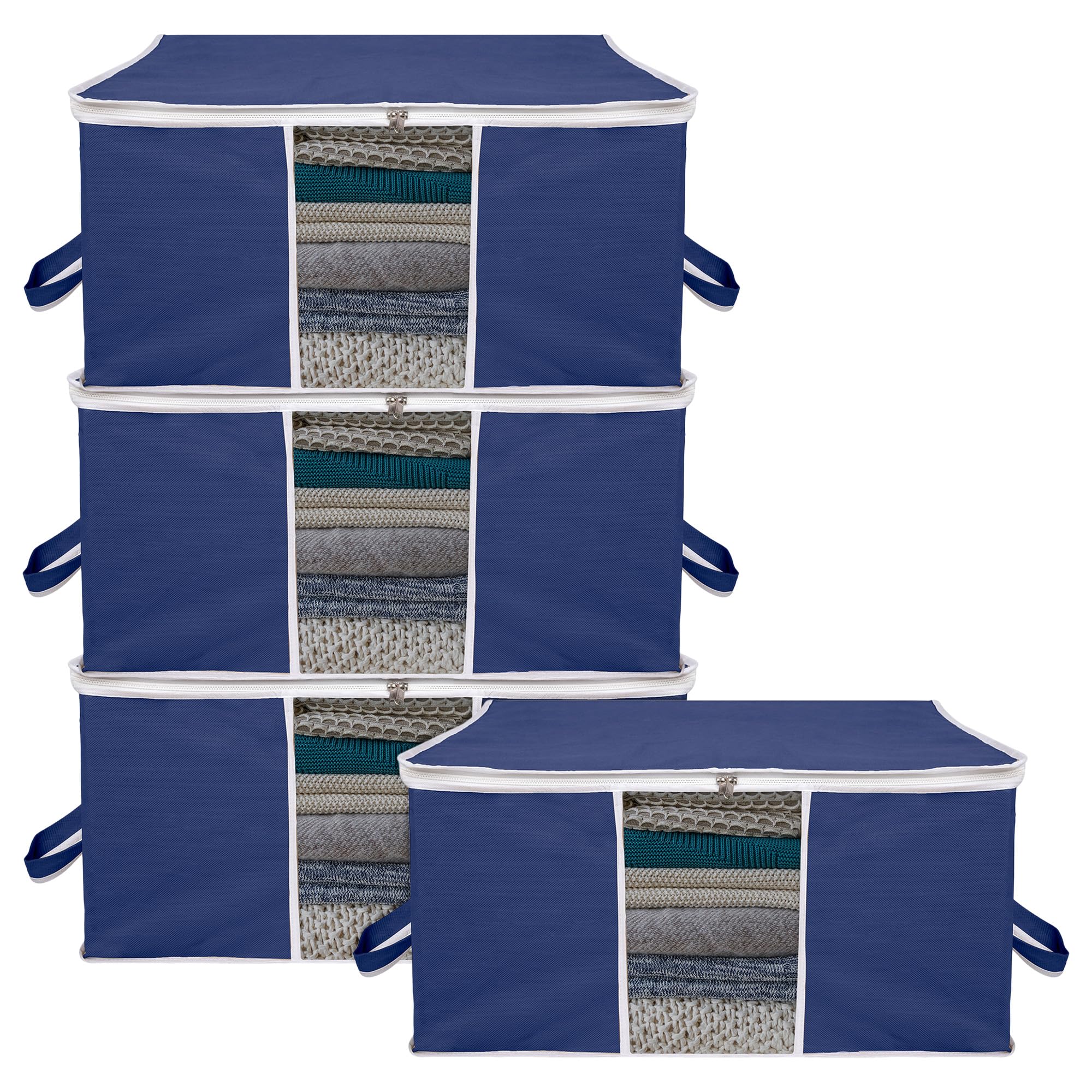 Kuber Industries Underbed Storage Bag | Clothes Storage Organizer | Blanket Cover with Clear Window | Zipper Closure & Handle Cloth Organizer | Plain White Border | Large | Pack of 4 | Navy Blue (B0CJVF3JCV) Amazon Price History, Amazon Price Tracker