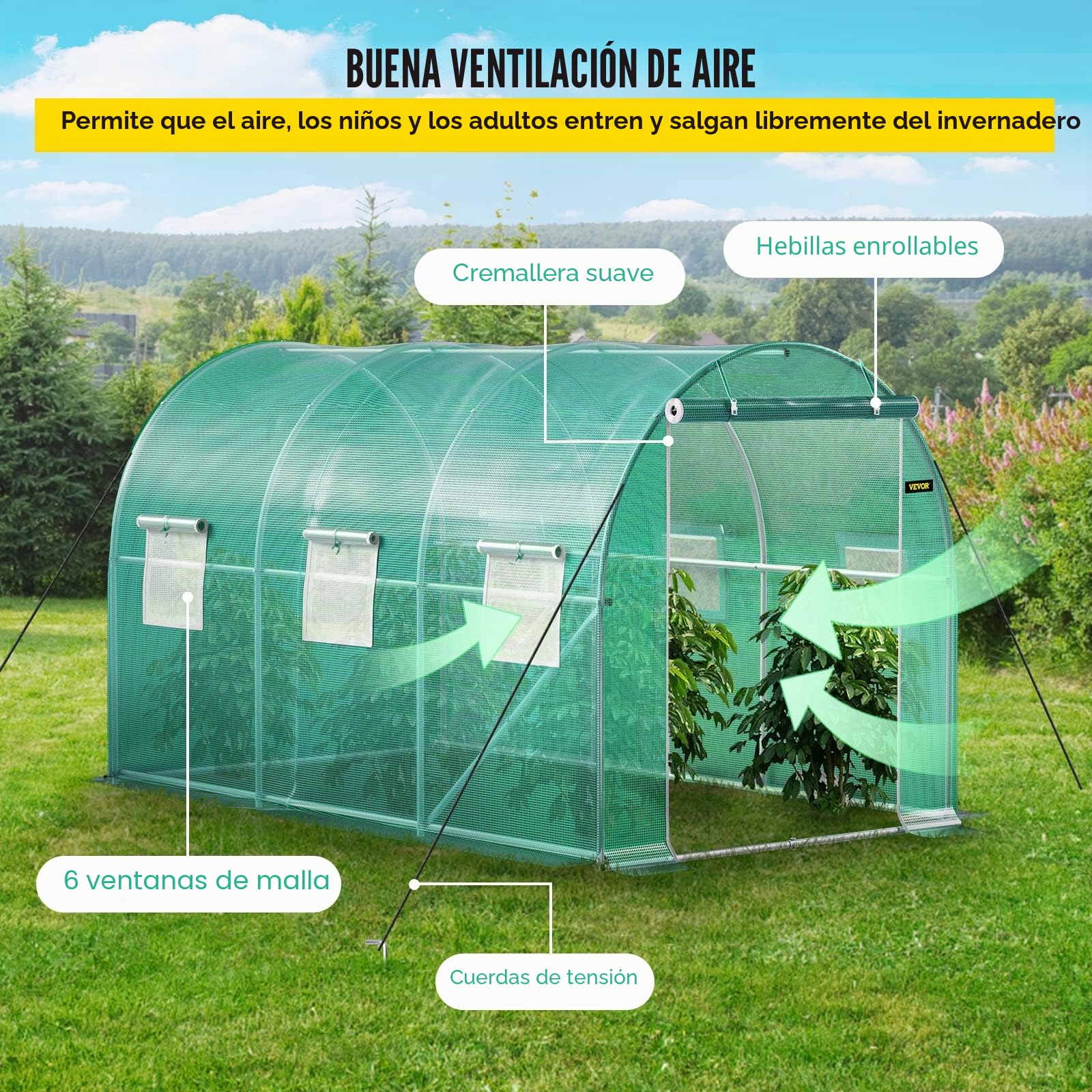 VEVOR Invernadero de Túnel 3,5 x 2 x 2 m Invernadero de Jardín Tipo Túnel con 6 Ventanas de Malla Marco de Acero Invernadero Caseta de Jardín Huerto Blanco para Cultivo de Plantas Flores Verduras