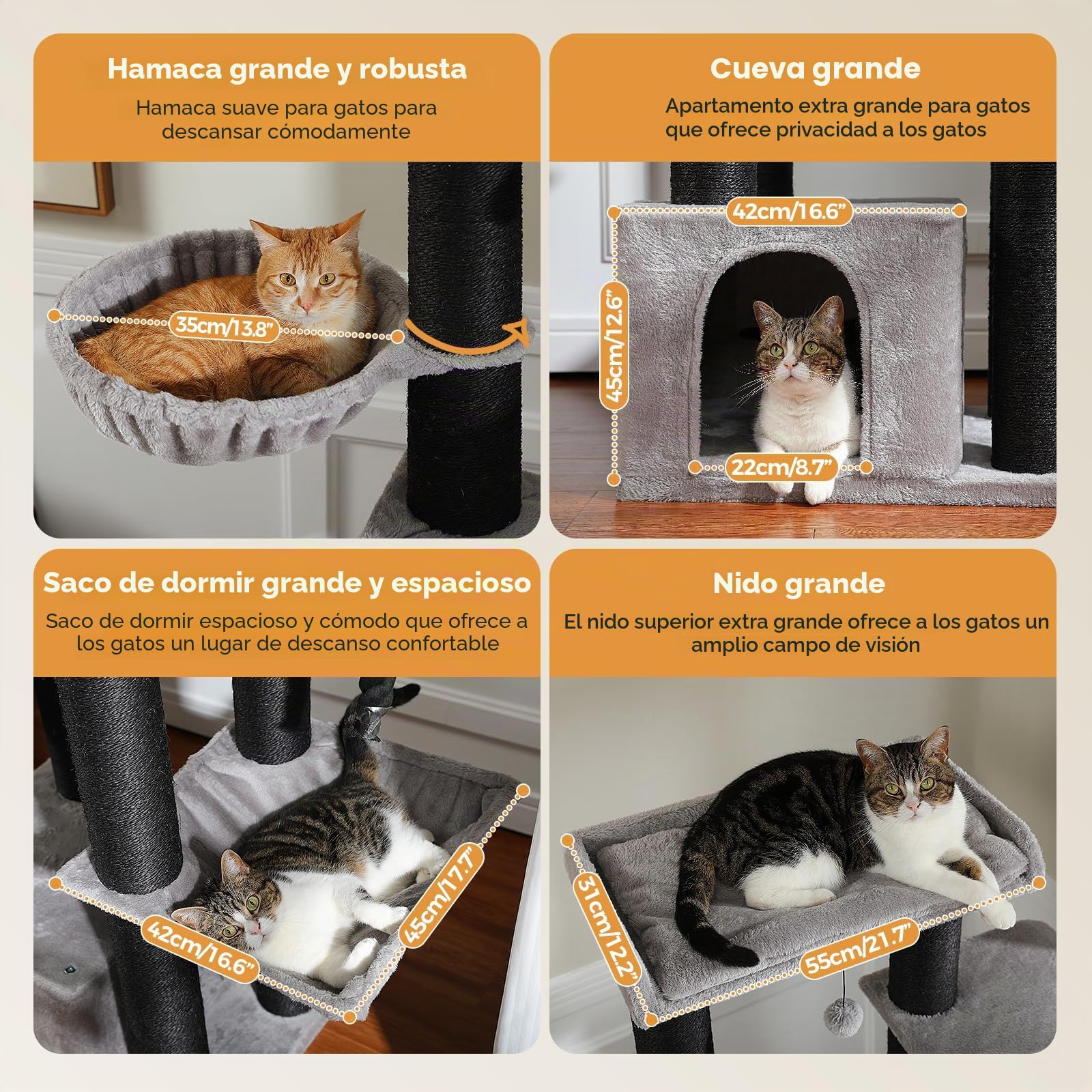 PAWZ Road Rascador para Gatos Grandes Estable con Varios Niveles, rascador Grande con Hamaca, 13 Postes de sisal (Dia 11 cm), Gran Barra de Asiento, rascador XXL 169