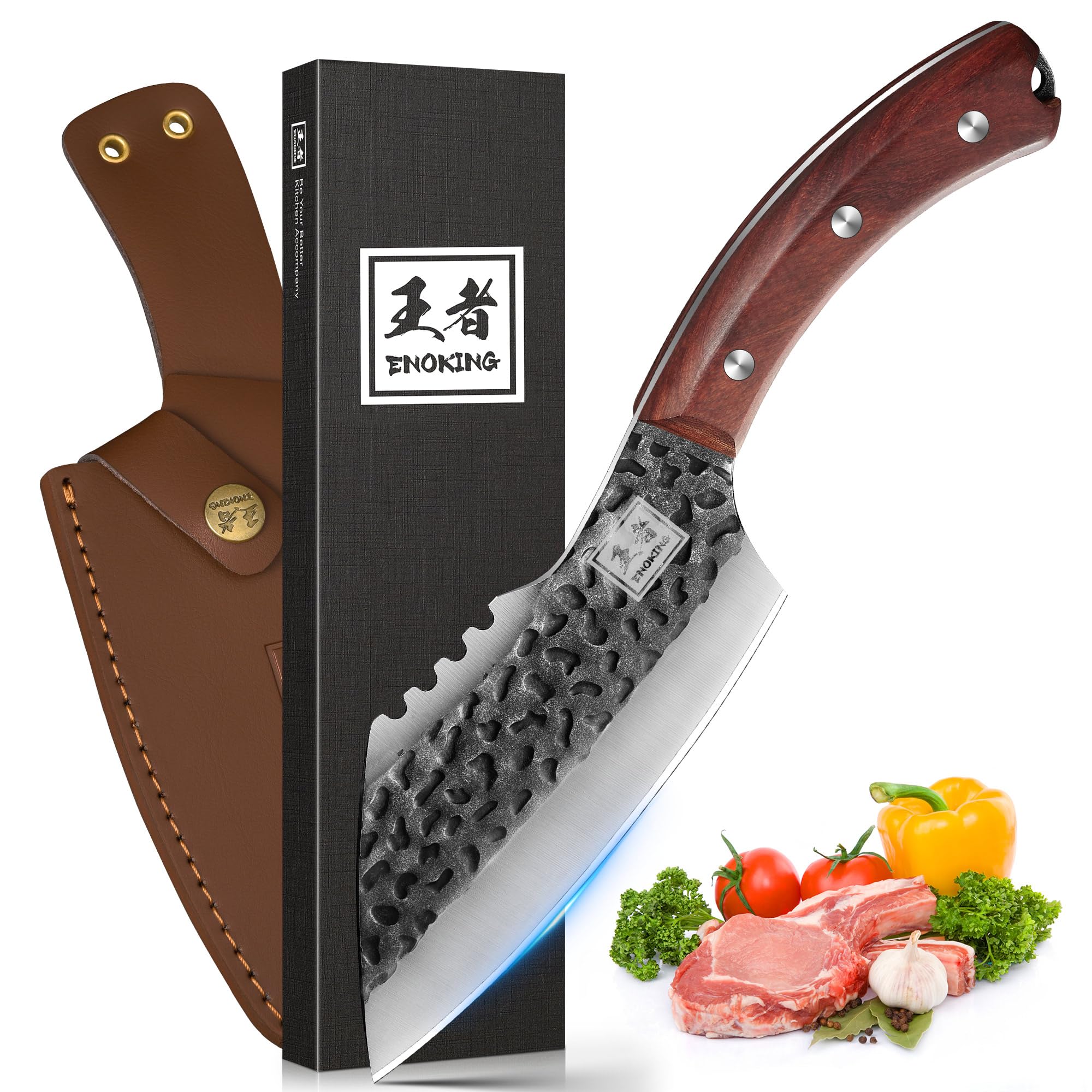 ENOKING 6.1 Inch Hand Forged Chef Knife, High Carbon Steel Butcher Knife with Leather Sheath, Full Tang Camping Cooking Knife for Meat Cutting, BBQ, Kitchen, Outdoor, with Gift Box