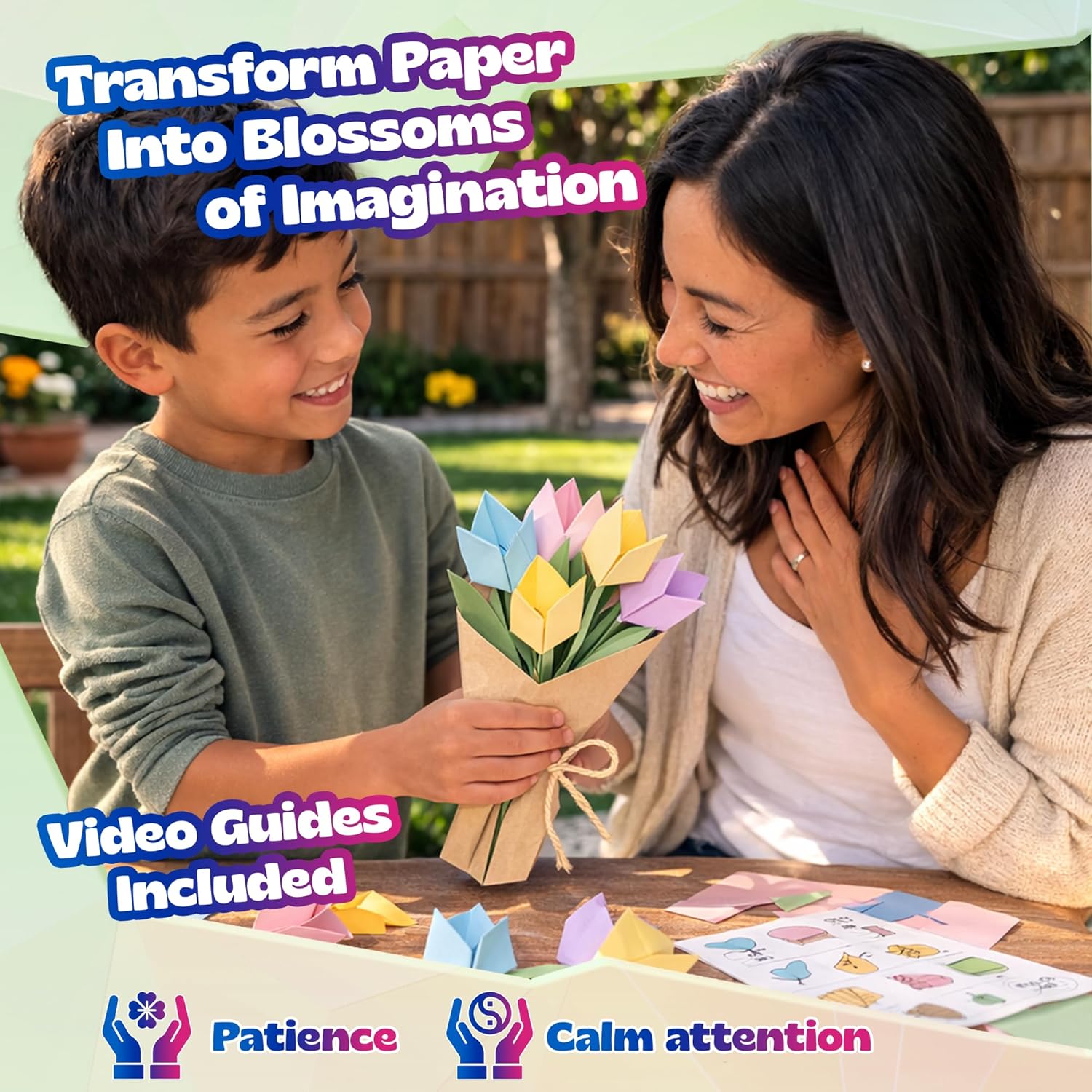 Pinwheel Crafts Flower Origami Kit for Kids Ages 8-12 | 150 Pcs Origami Paper Kit w/Spring Color Folding Papers,Easter Crafts, Chenille Stems,Buttons and Jewels, Arts and Crafts Paper Book for Kids