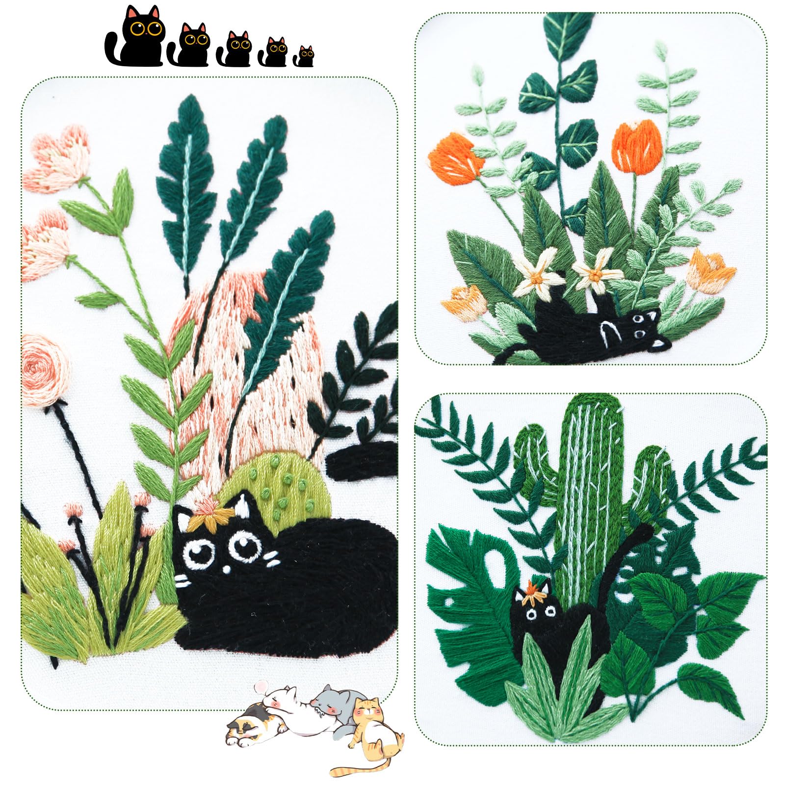 Kit Ricamo Per Principianti 3 Pezzi - Gatto E Motivi Floreali Con Punto Croce - Foto 7