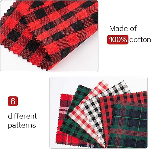 Miniatura 6 de 60 piezas de tela a cuadros de búfalo, tela de algodón de Navidad, 6 estilos de tela de acolchado de Navidad cuadrados para costura, retazos,