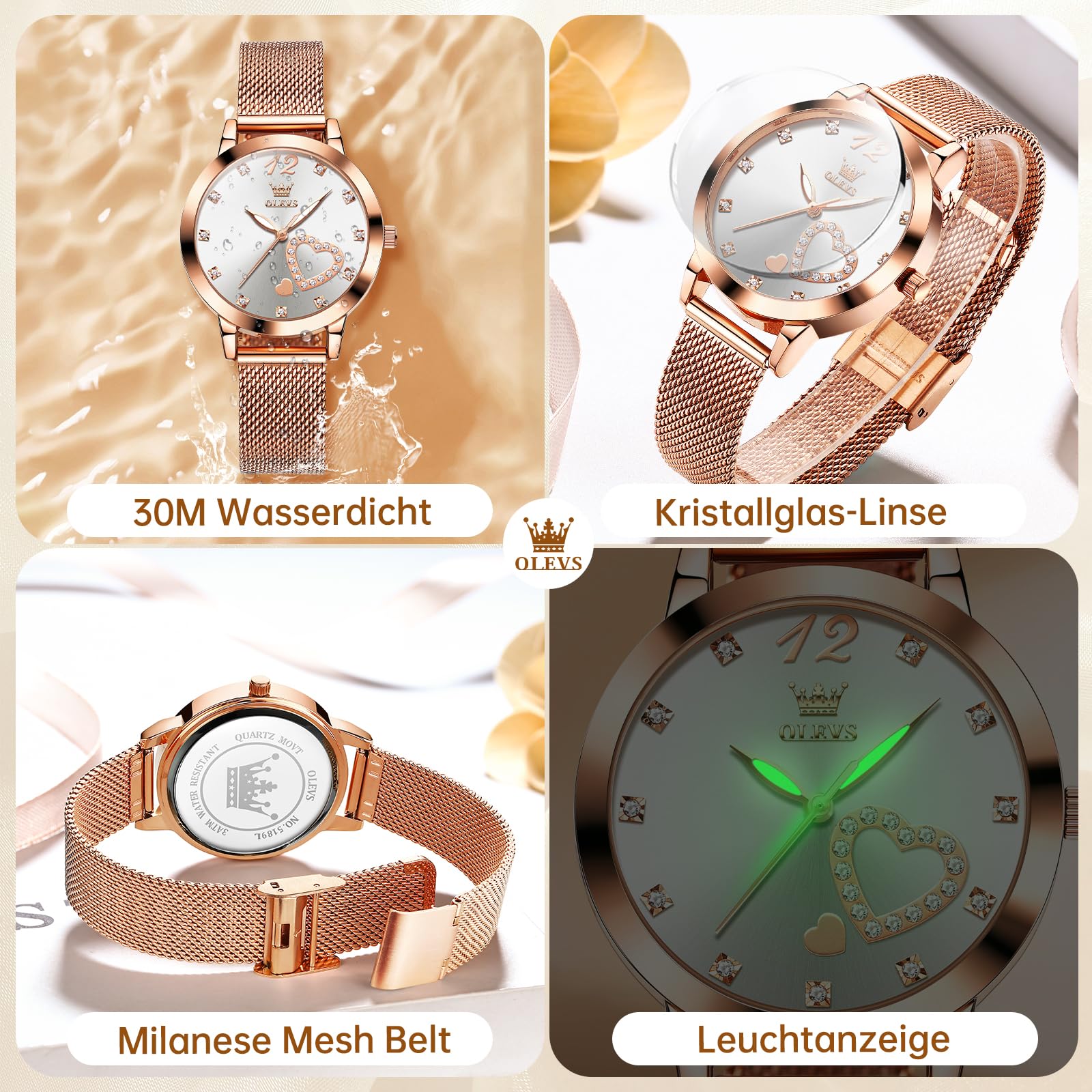 OLEVS Uhr Damen Rosegold Elegant Analog Wasserdicht Quarzuhr mit Datum