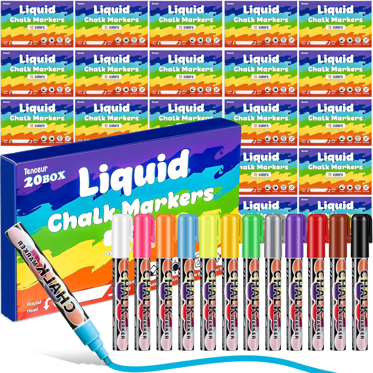 Tenceur 240 Pcs 20 Set Liquid Chalk Markers Erasable 12