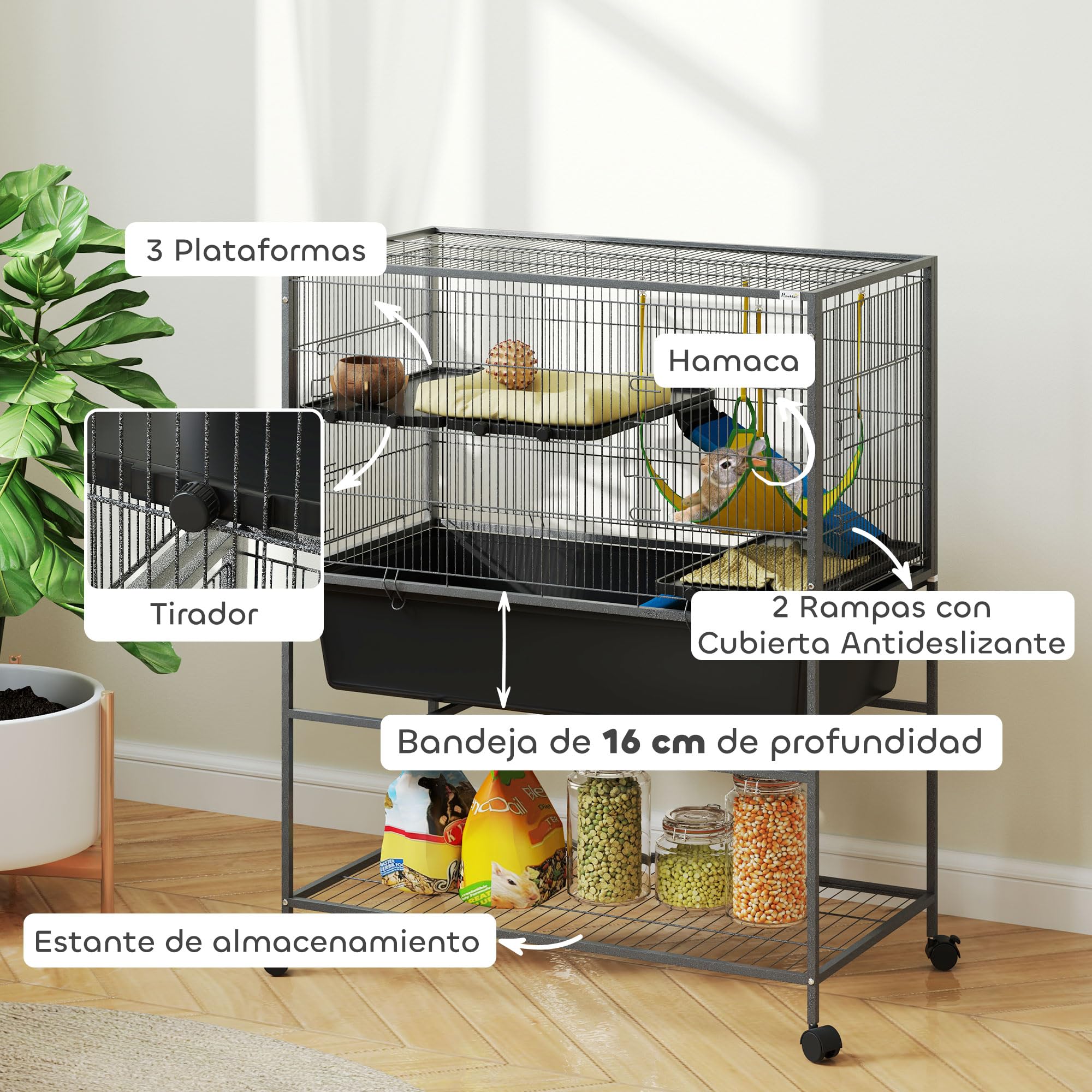 PawHut Jaula Grande para Hurones de 3 Niveles Jaula para Conejos con Ruedas Rampas Hamaca y Bandeja Extraíble Jaula para Animales Pequeños Roedores Chinchillas 88x48x102 cm Gris Oscuro