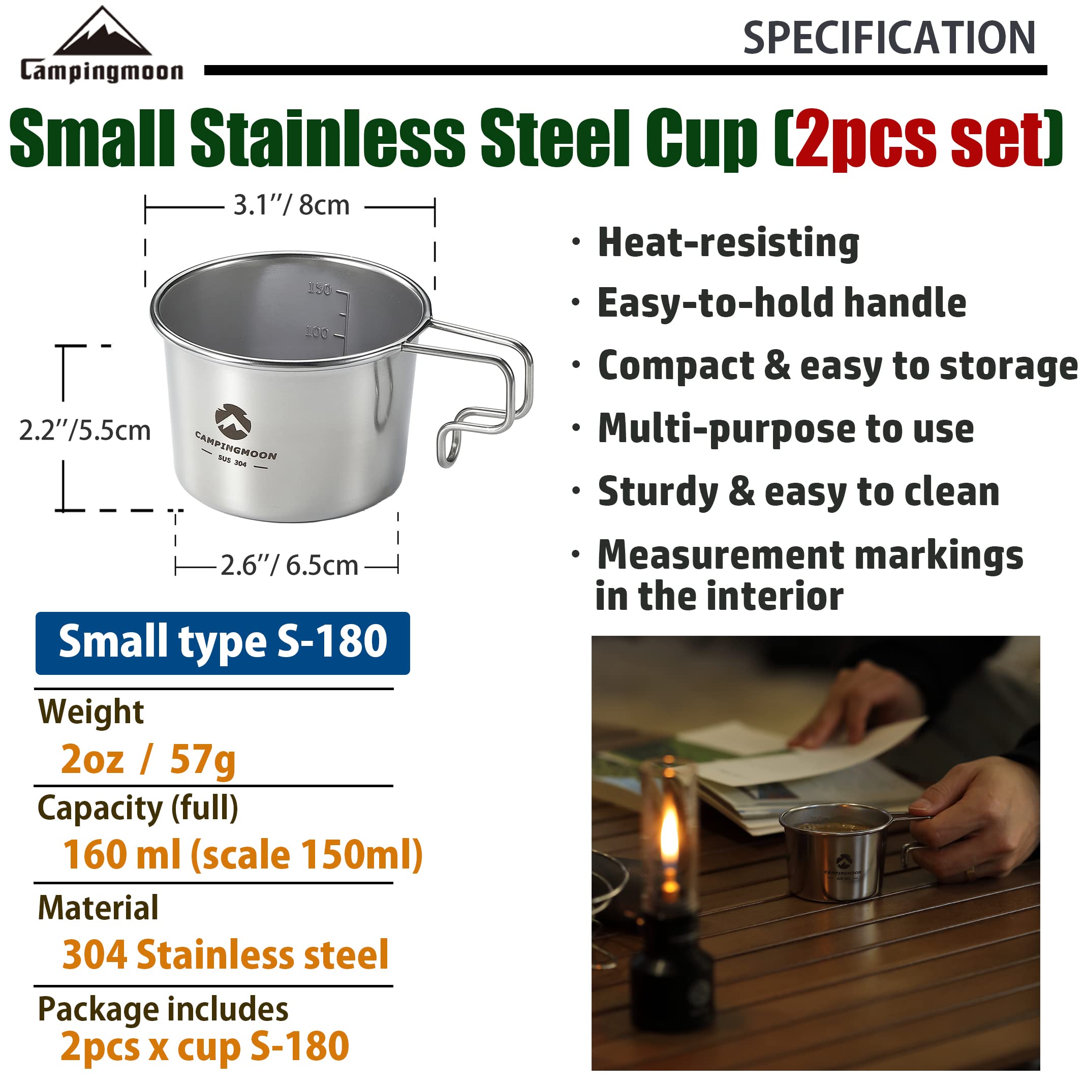 CAMPINGMOON Small Coffee Mug Cup 160ml 304 Stainless Steel Camping Backpacking S-180 (2pcs set)