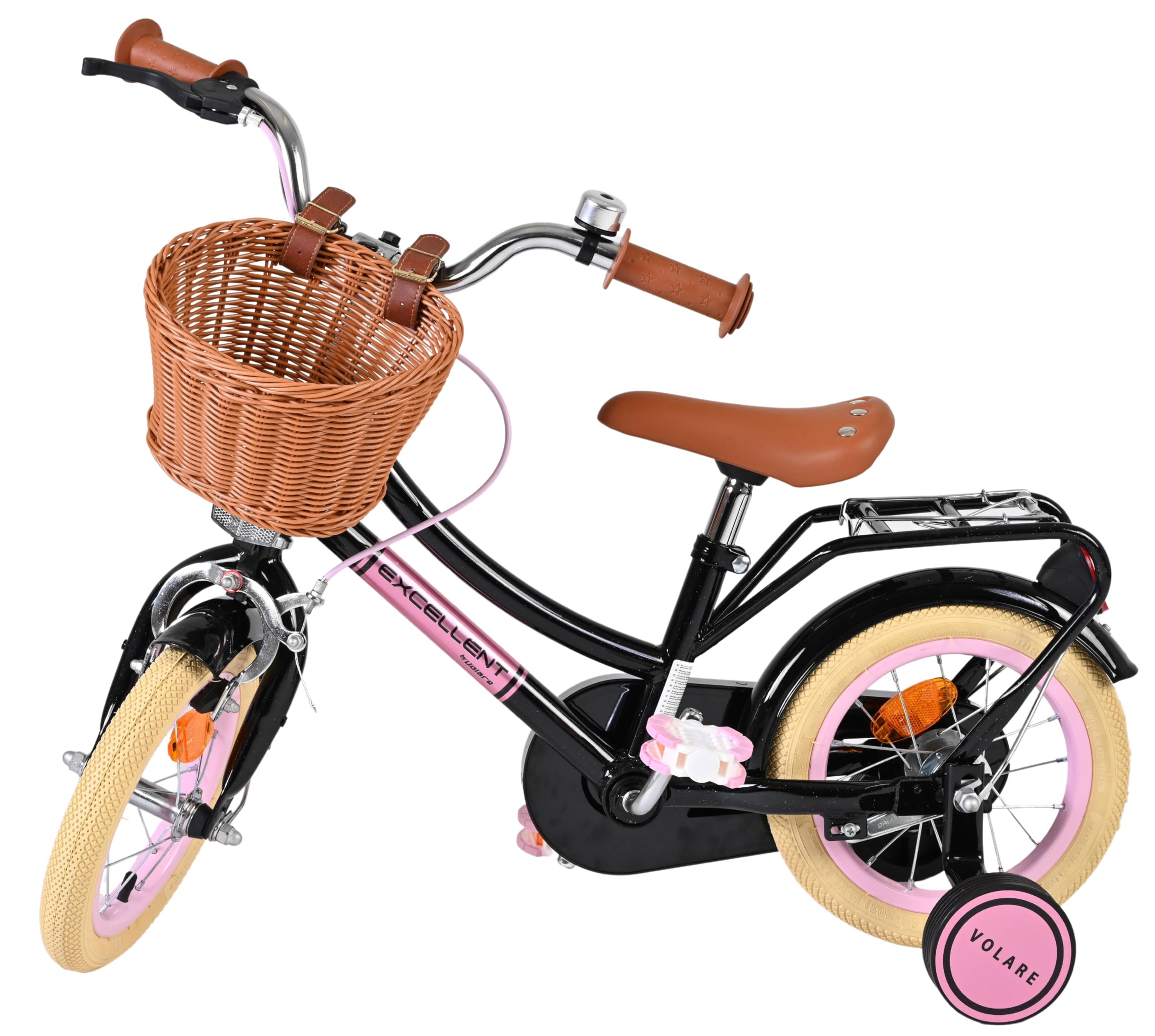 Volare Excellent Fahrrad | 3–5 Jahre | Hand- & Rücktrittbremse, Stützräder, Kettenschutz, Reflektoren & Korb | Höhenverstellbarer Sattel | Geschenk für Mädchen