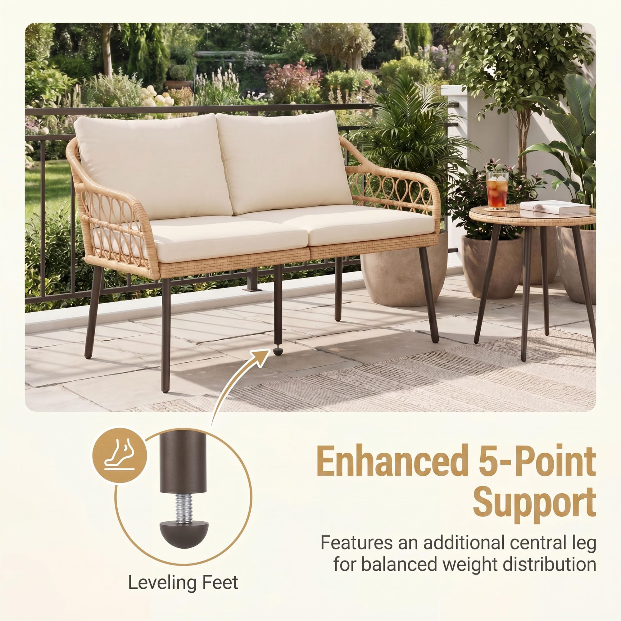GIANTEX 2-Sitzer Gartenbank mit integriertem Glastisch, wetterfeste Sitzbank aus Polyrattan mit weichen Kissen, belastbar bis 300 kg, Sitzgarnitur für Terrasse, Garten & Veranda, 137 x 64,5 x 84 cm