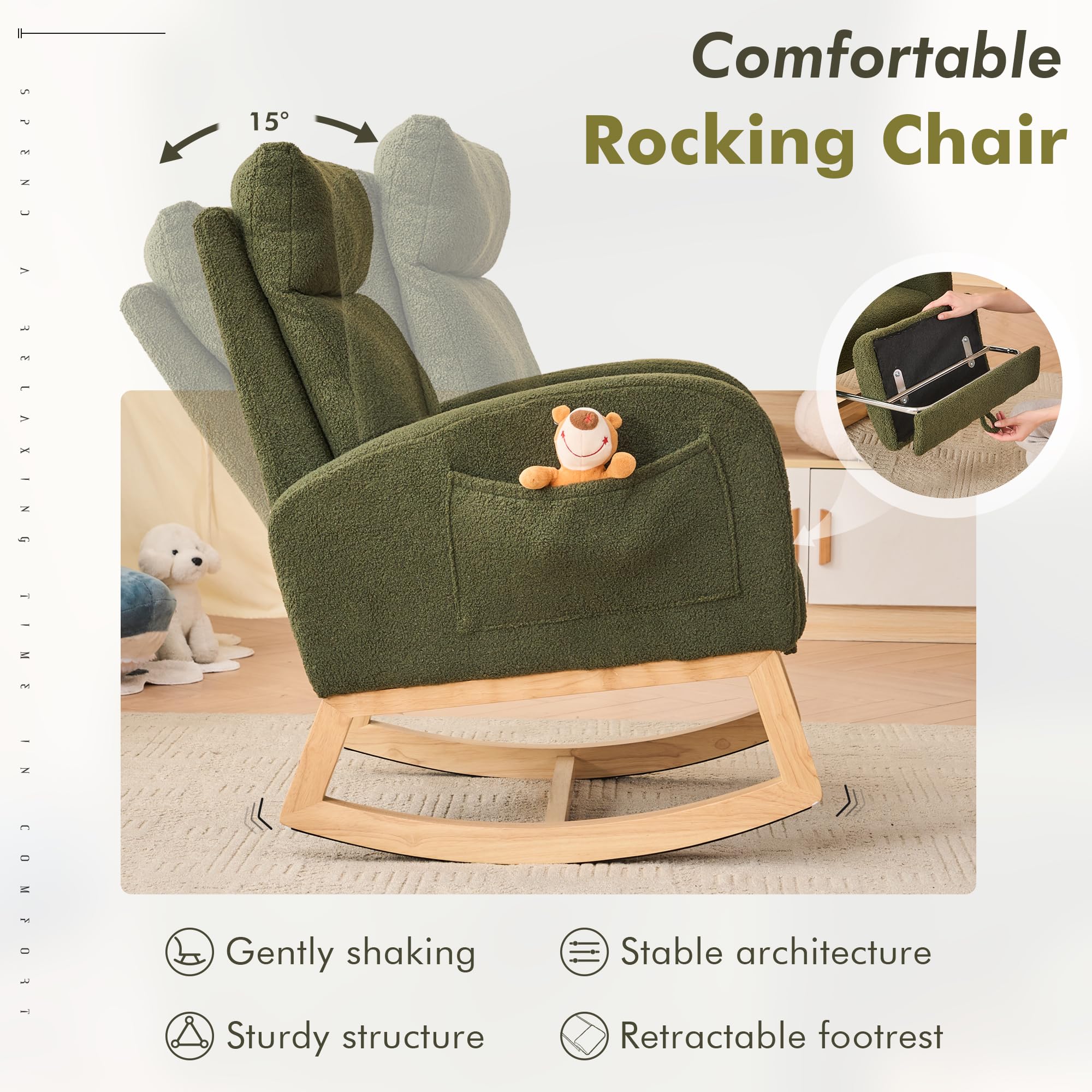Sedia a dondolo con poggiapiedi e poggiatesta, sedia ergonomica per allattamento con seduta extra larga e grande tasca laterale per soggiorno e cameretta dei bambini