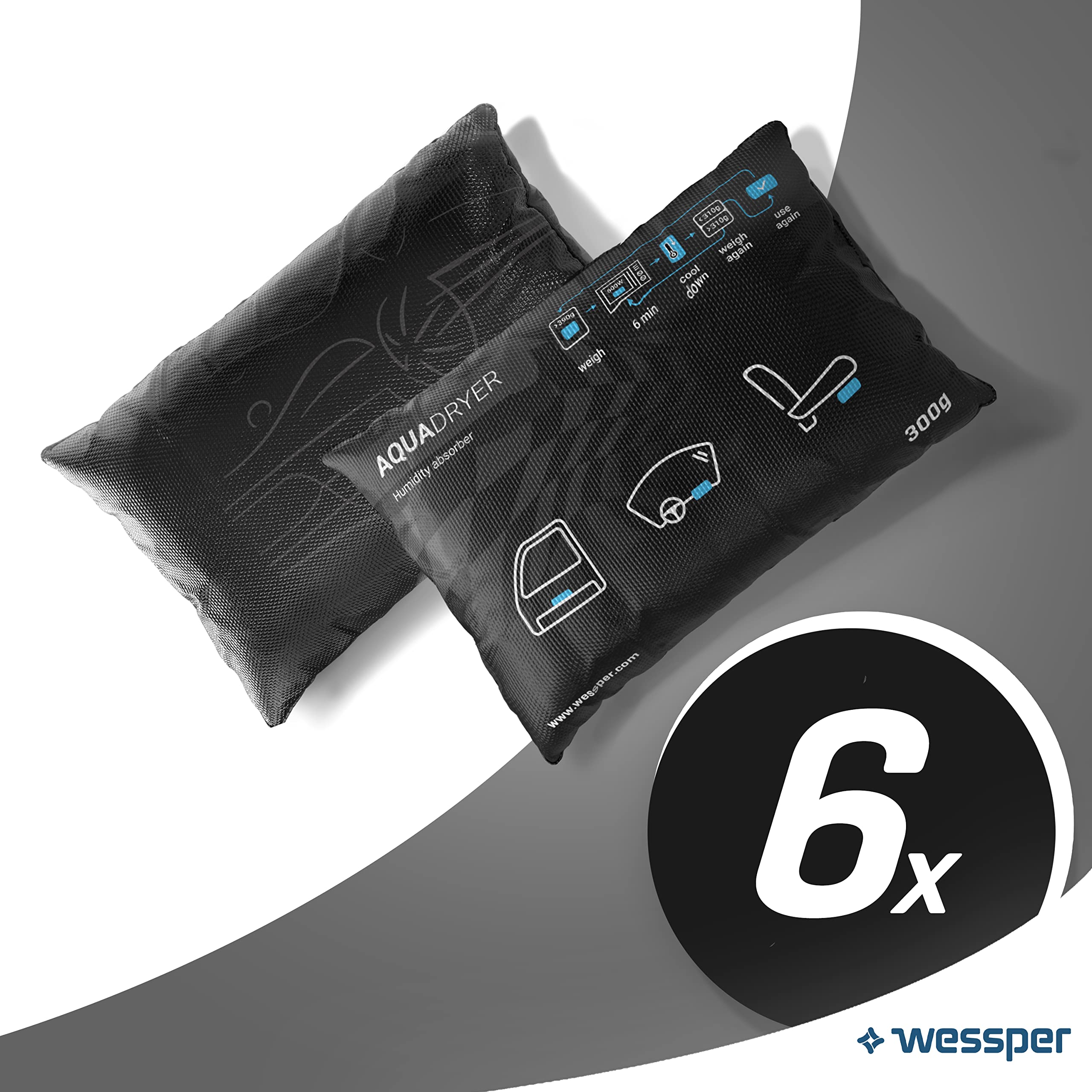 Wessper - Juego de 6 bolsas para deshumidificadores reutilizables de sílice recargables, desecante de silicona, granulado de humedad para armario, coche, zapatos, dormitorio, 300 g