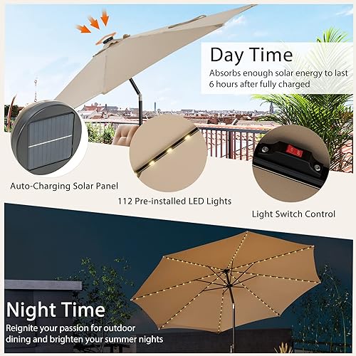 Miniatura 3 de Giantex Sombrilla de patio de 10 pies con 112 luces solares, sombrilla de mercado de mesa al aire libre con 8 varillas, ajuste de inclinación, mango