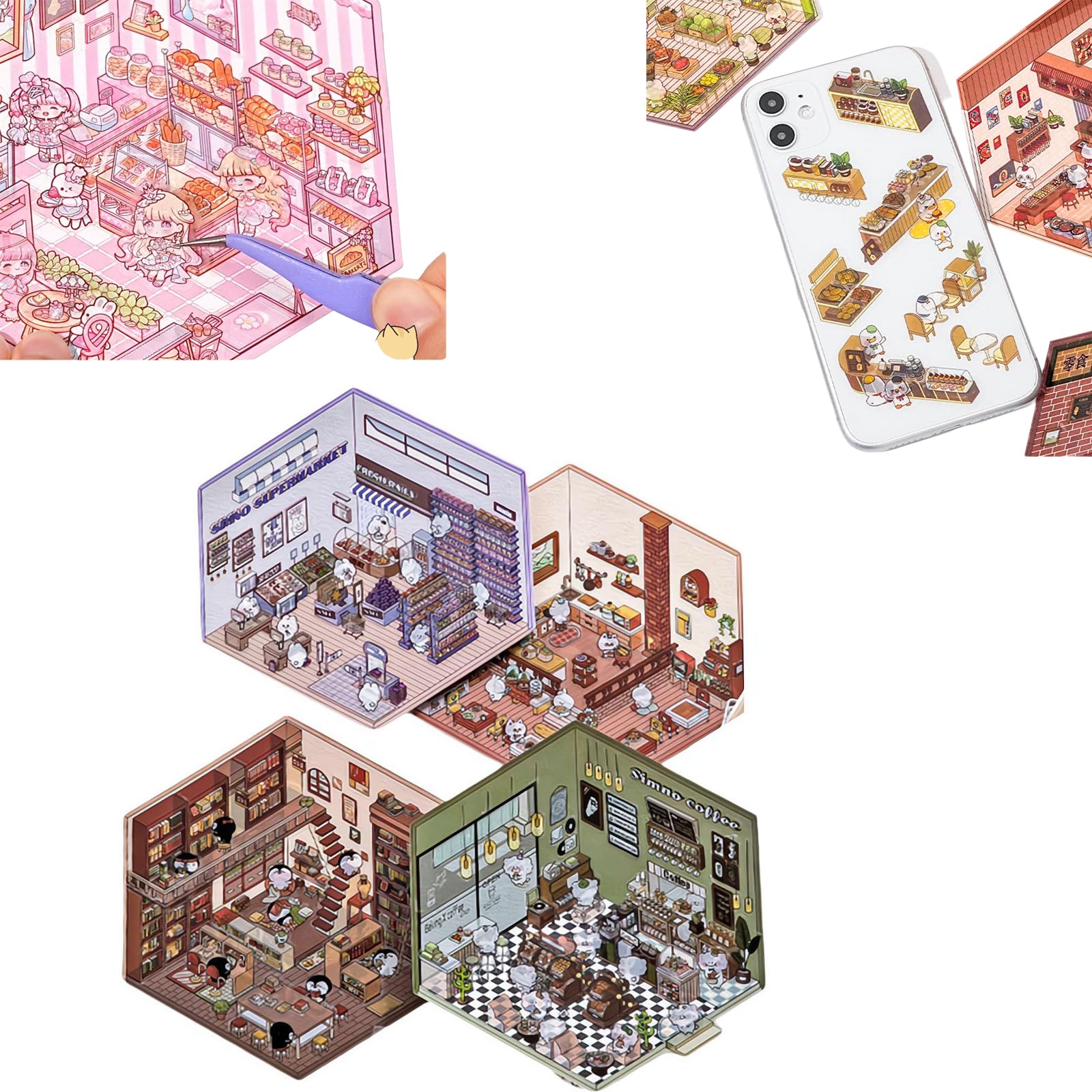 Rkxzt 4 Sets DIY 3D House Stickers, DIY Stickers Scene, Make Your Own Supermarket Coffee Shop Restaurant Bookstore Sticker Scene Adult Kids Relief Stress P