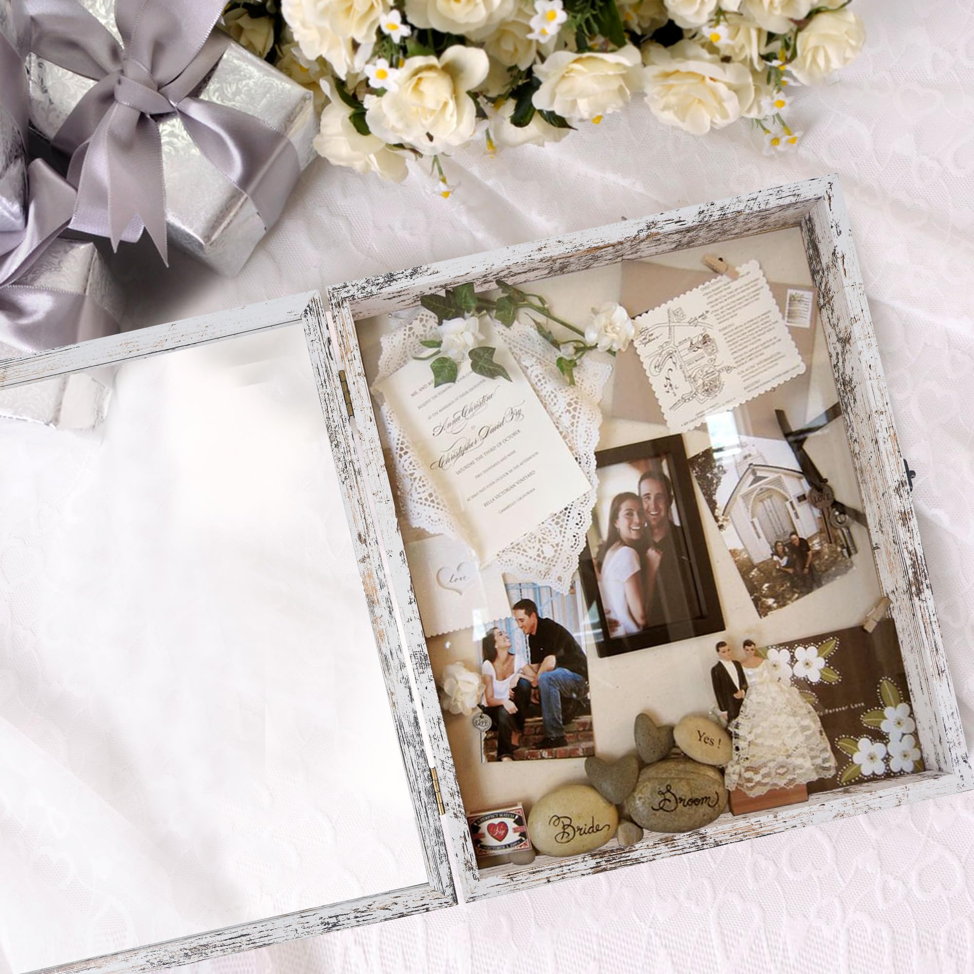 Pudełko na cienie 12 x 16 cm z drzwiami okiennymi głęboka ramka na zdjęcia bukiet ślubny pamiątki medale zdjęcia pudełko pamięci-duża ramka na cienie z unikalnym wzorem koralików biała