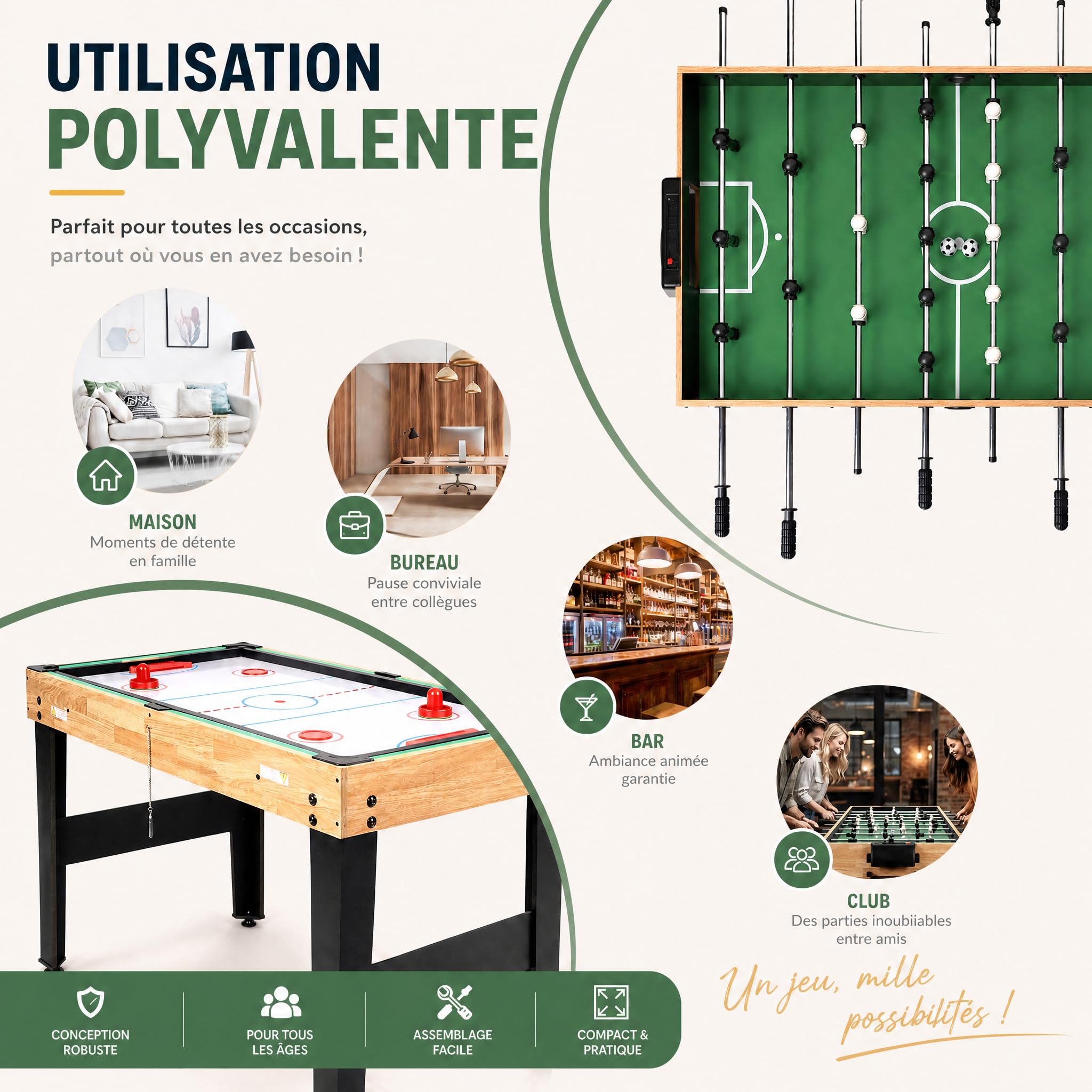 hotsizz Table multijeux 10 en 1 avec babyfoot, Table de ping Pong, Table Billard, Air Hockey et Plus Encore 121 × 61 × 73 cm Convient aux Adultes et aux Enfants.